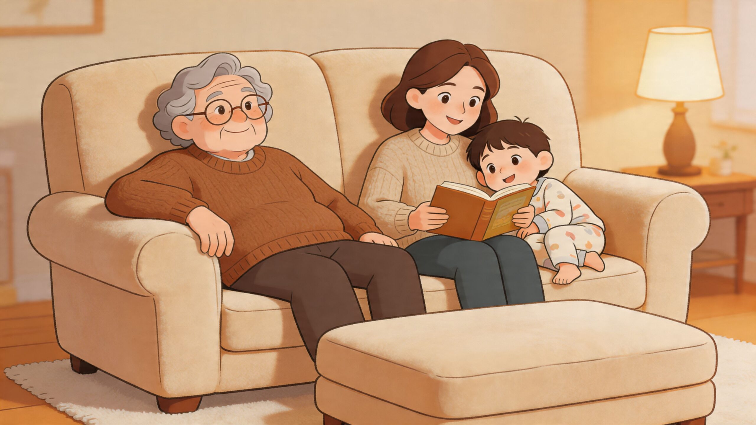 A grandmother, mother, and child sitting together on a comfortable sofa reading a book indoors.