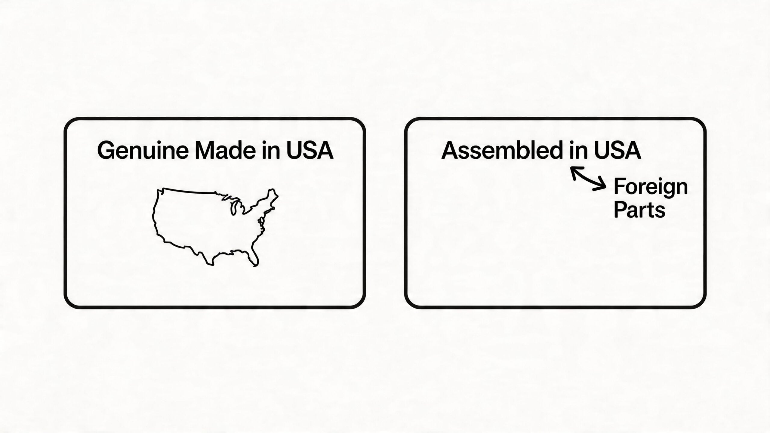 A graphic comparing Genuine Made in USA with a map icon versus Assembled in USA with foreign parts.