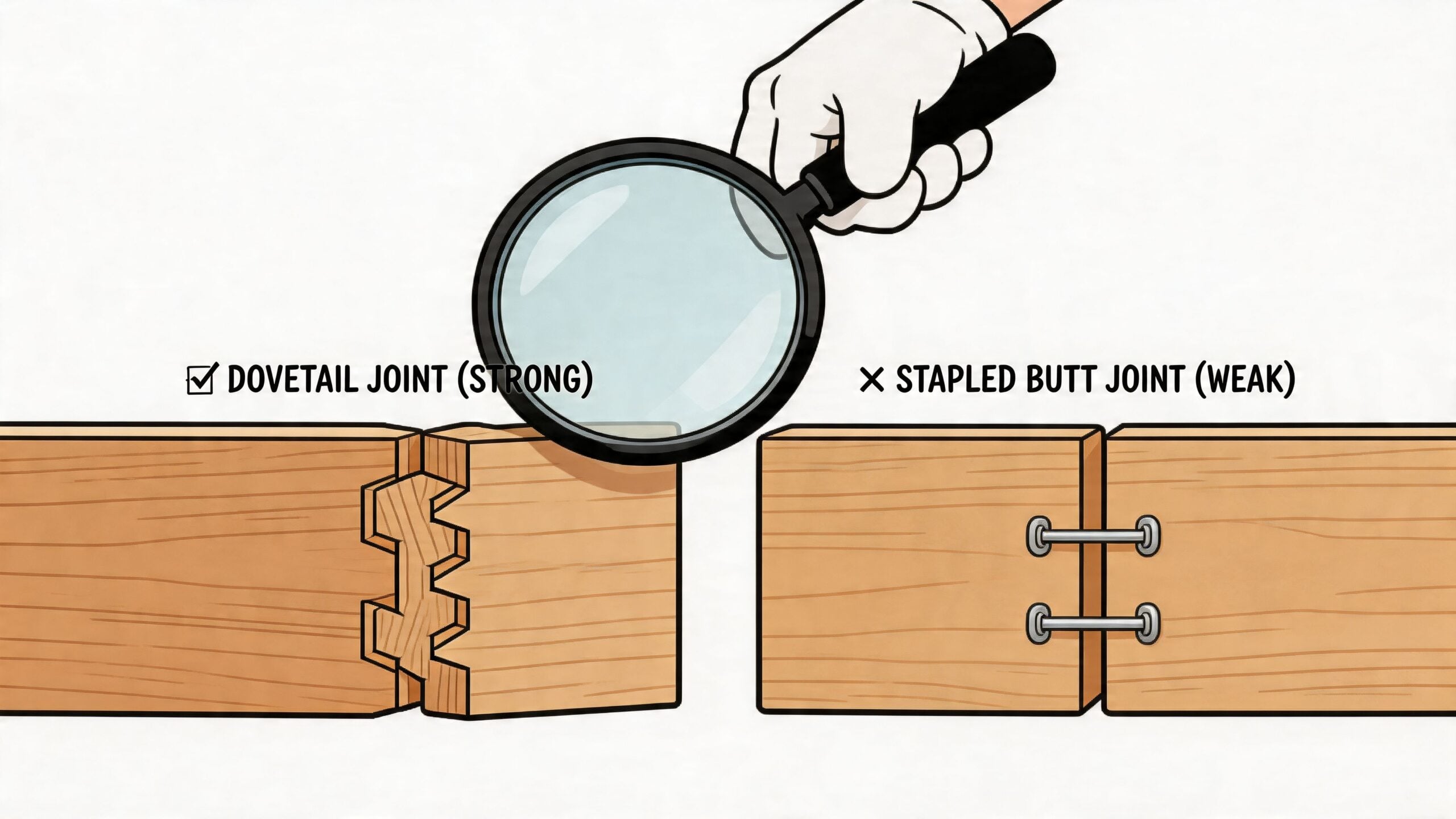 A close-up illustration comparing a strong, durable dovetail joint against a weak, stapled butt joint for furniture.