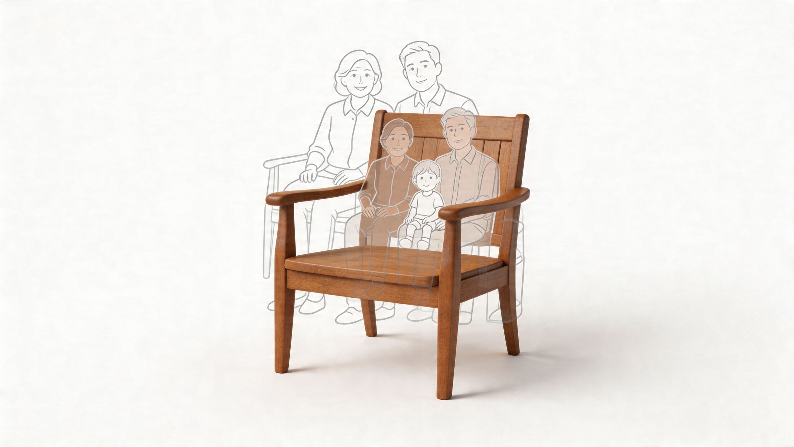 A wooden armchair featuring a ghostly illustration of a multi-generational family sitting together on the seat.