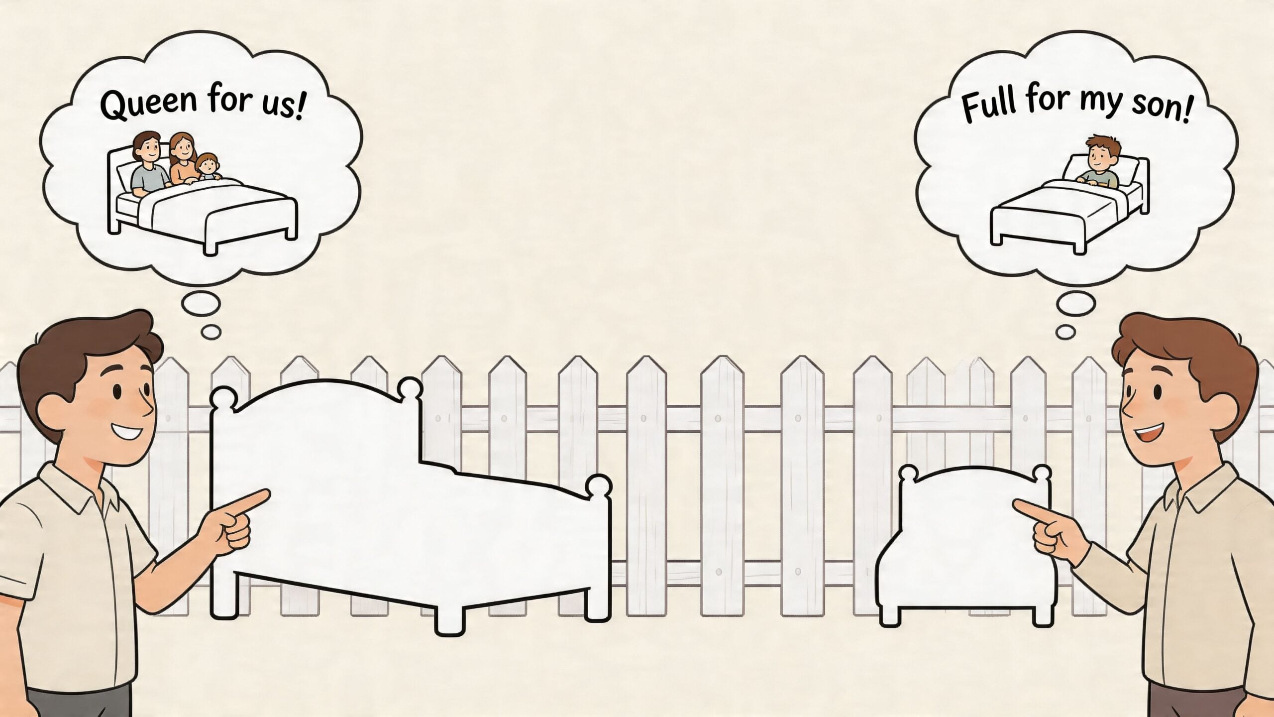 A cartoon showing two men choosing between a queen size bed for a family and a full size bed.