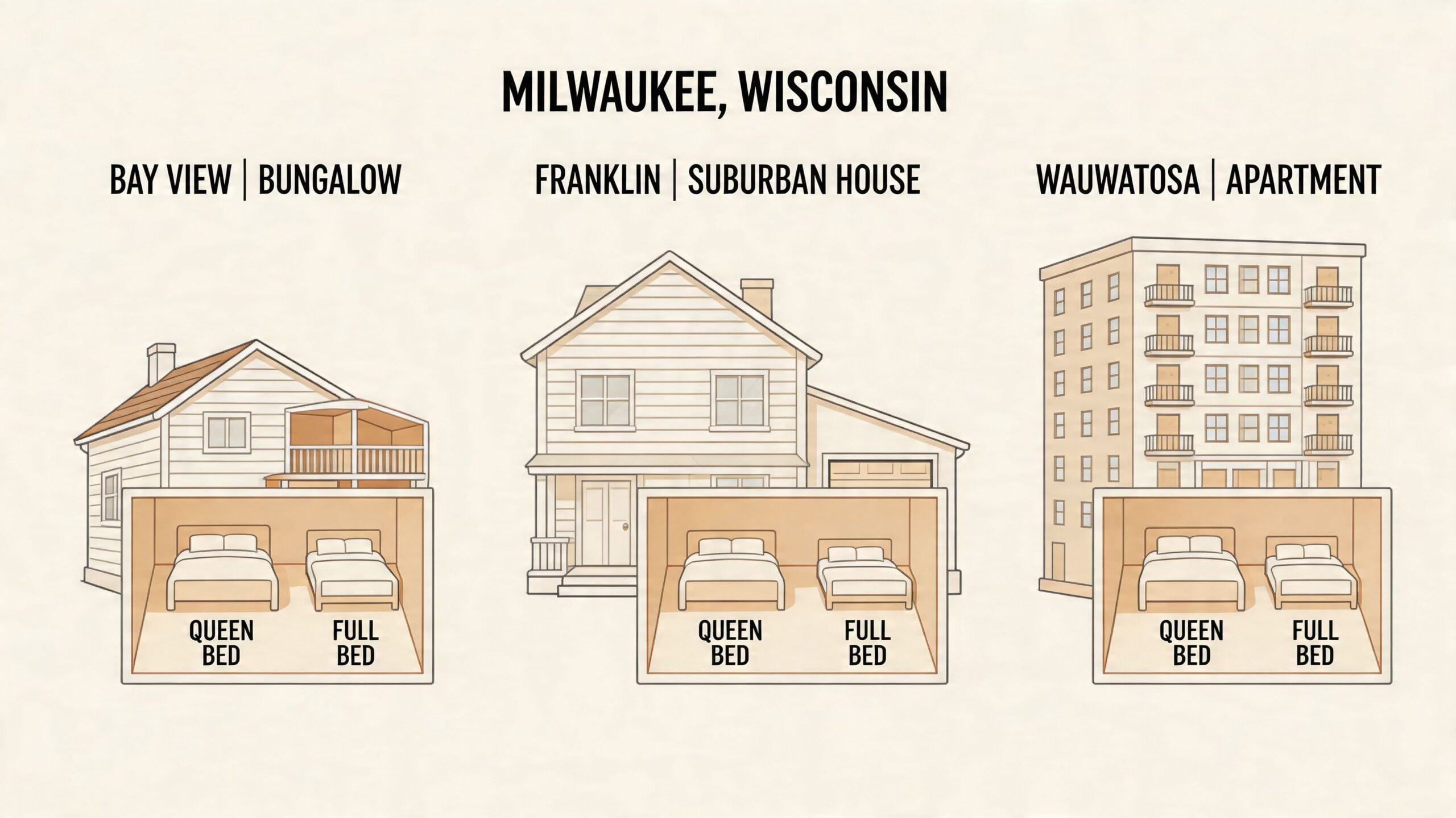 An illustration comparing bedroom setups with a queen size bed and a full size bed in Milwaukee.
