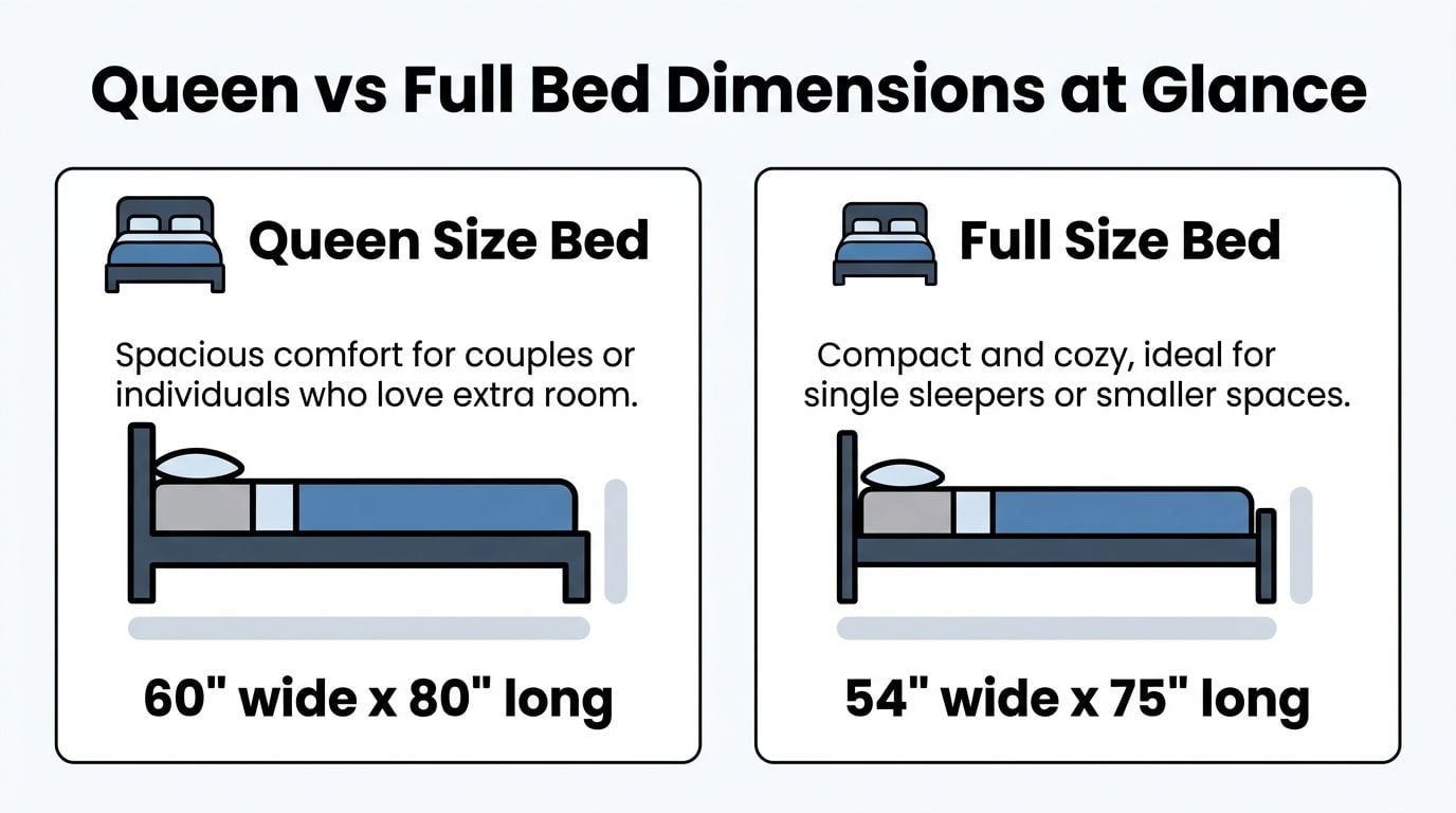 A comparison infographic showing the dimensions and descriptions for a queen size bed and full size bed.