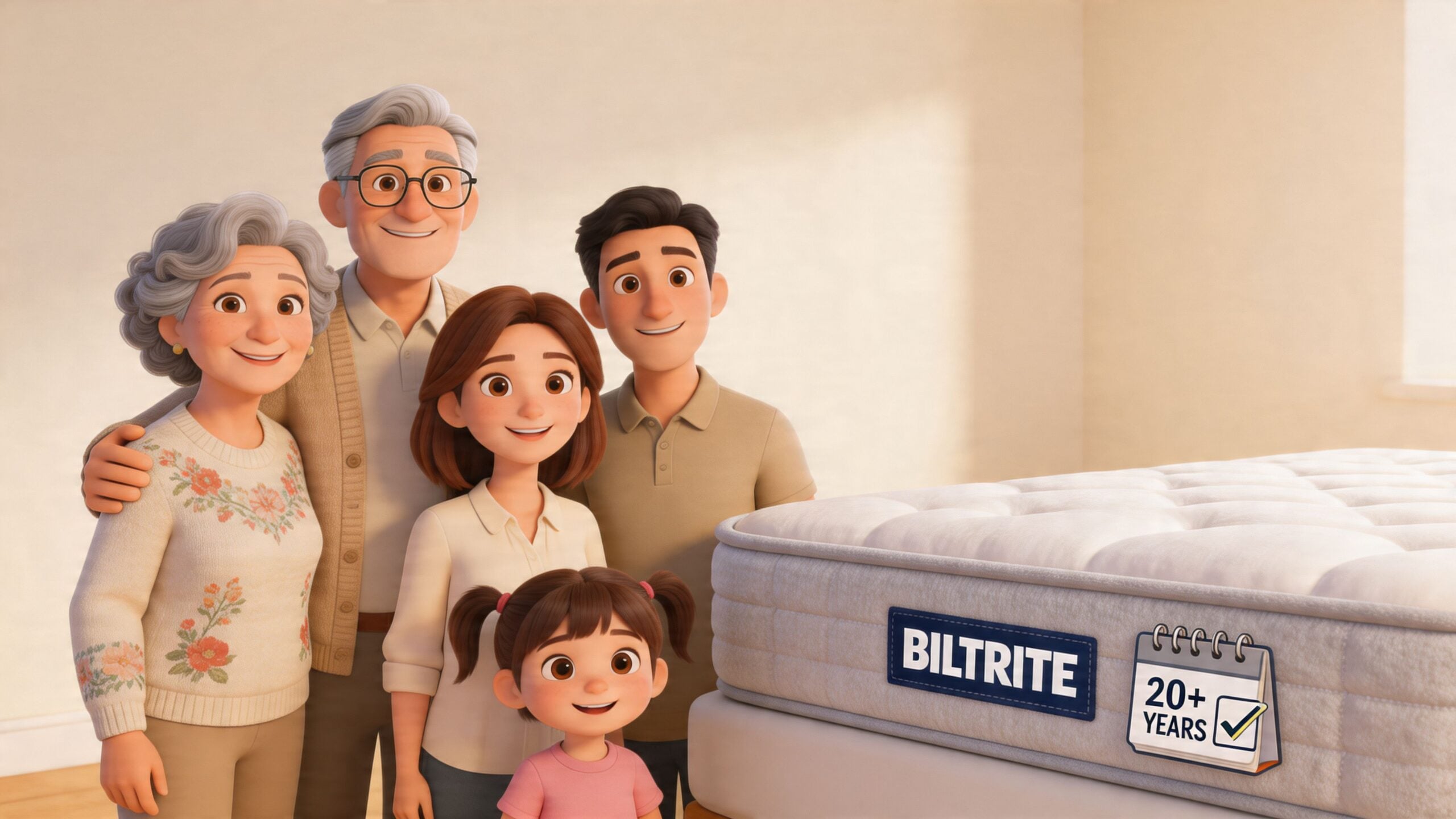 A 3D animated family stands happily next to a mattress branded with a 20 plus years label.