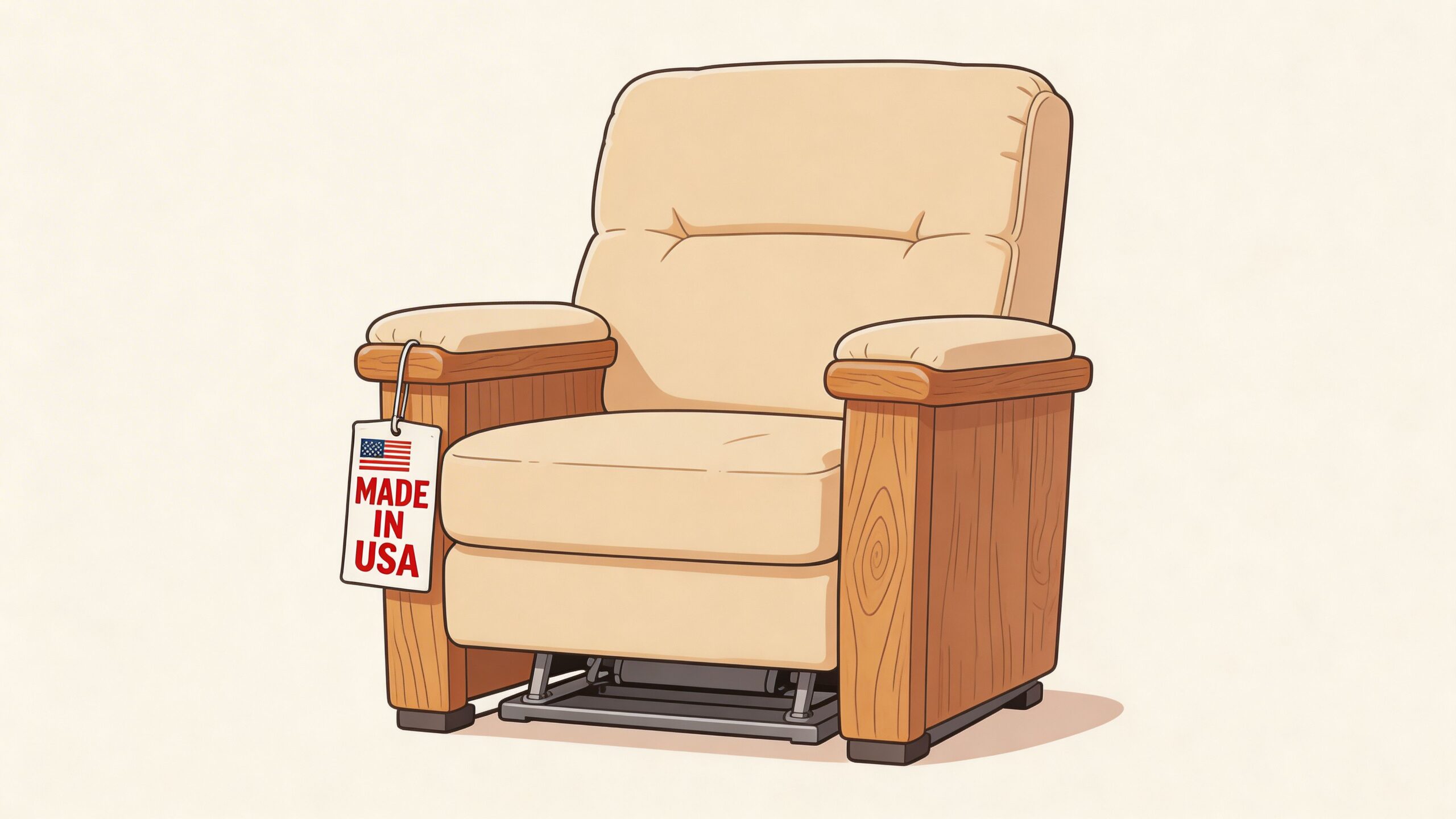 A beige recliner chair with a wooden base and a Made in USA tag hanging from the armrest.