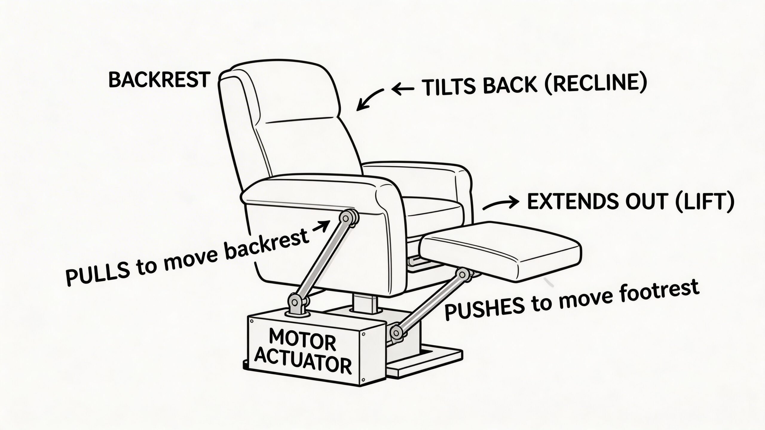 A diagram of a motorized recliner chair showing how the actuator mechanism moves the backrest and footrest.