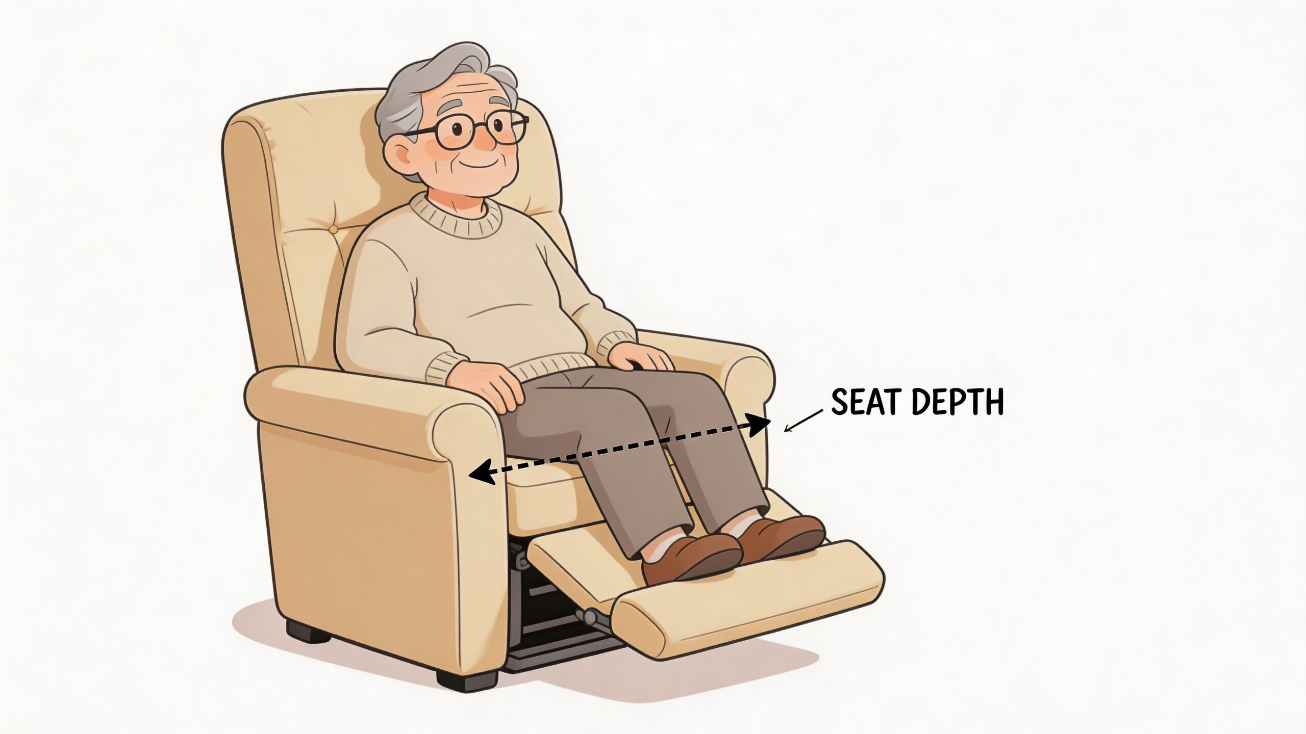 An elderly man sitting comfortably in a beige recliner chair demonstrating proper seat depth measurements.