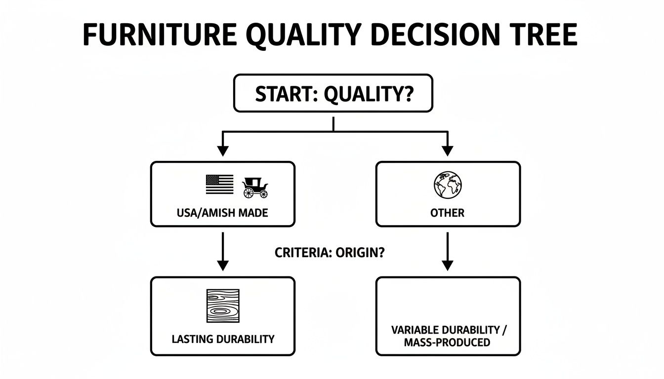 A decision tree illustrates furniture quality based on origin, distinguishing lasting durability from variable mass-produced items.
