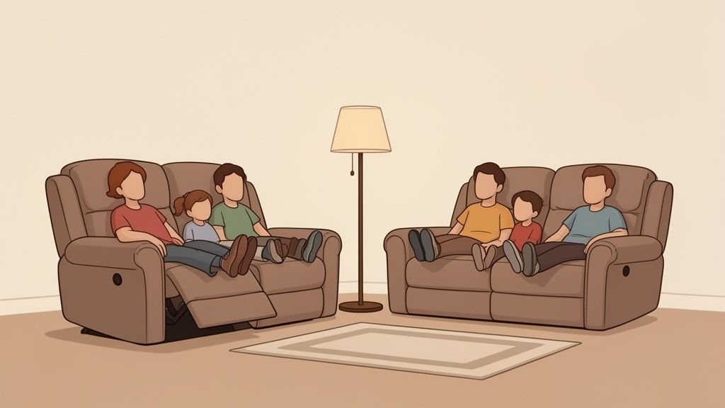 Six family members, three adults and three children, relax on two brown reclining sofas in a cozy living room.