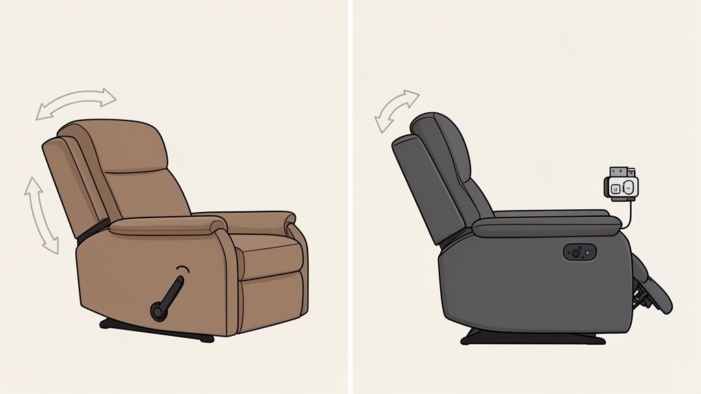 Two illustrations of recliners: a brown manual recliner and a gray electric recliner with remote.