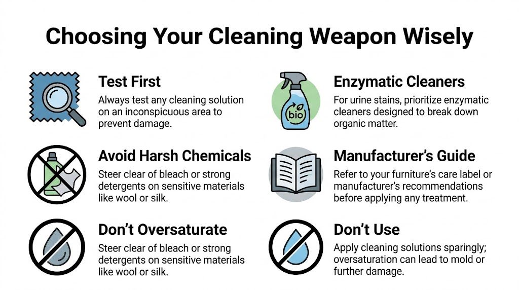 A helpful infographic titled Choosing Your Cleaning Weapon Wisely, providing safety tips for cleaning furniture effectively.