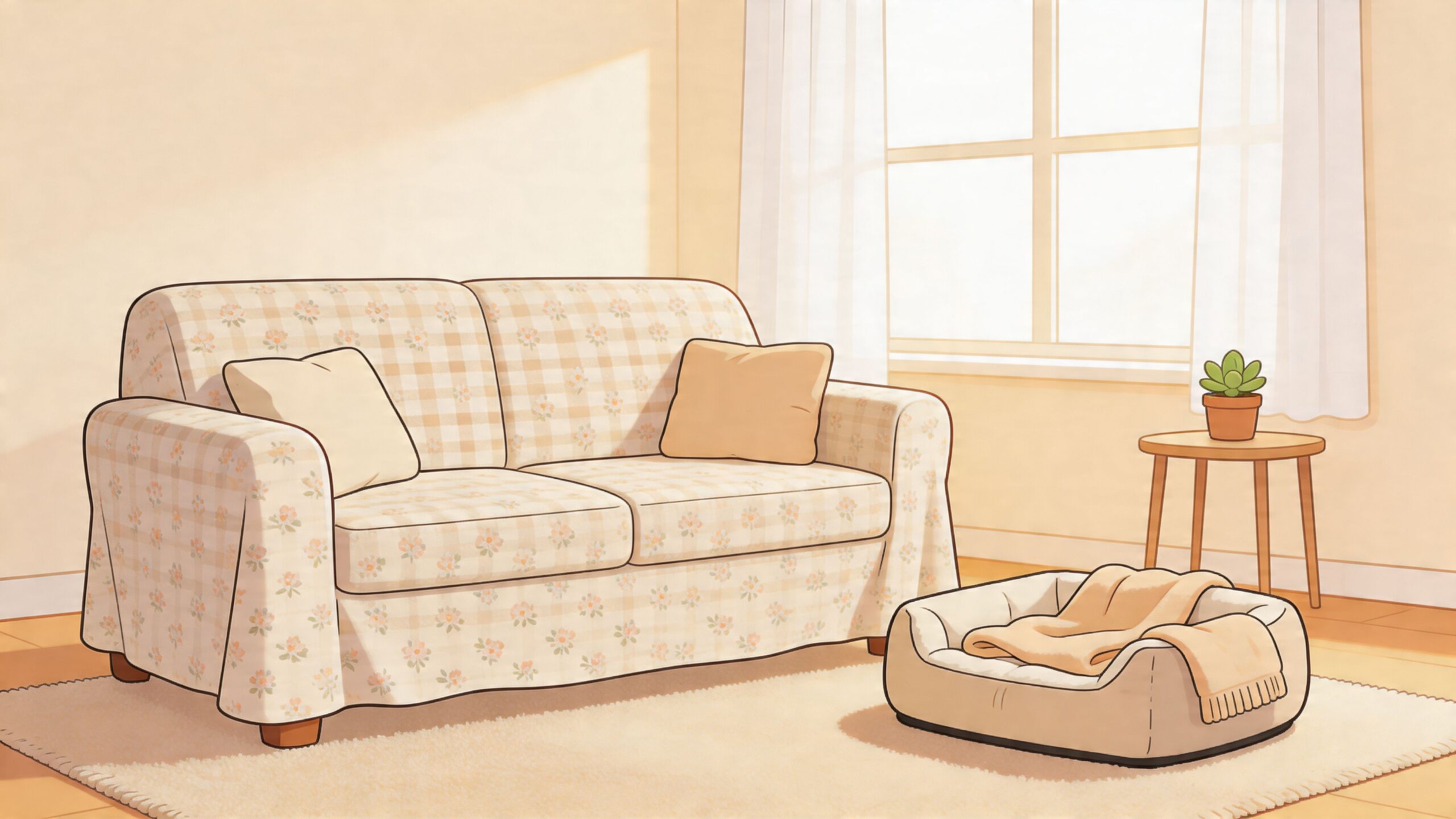A cozy, sunlit living room featuring a patterned sofa, a side table with a plant, and a pet bed.