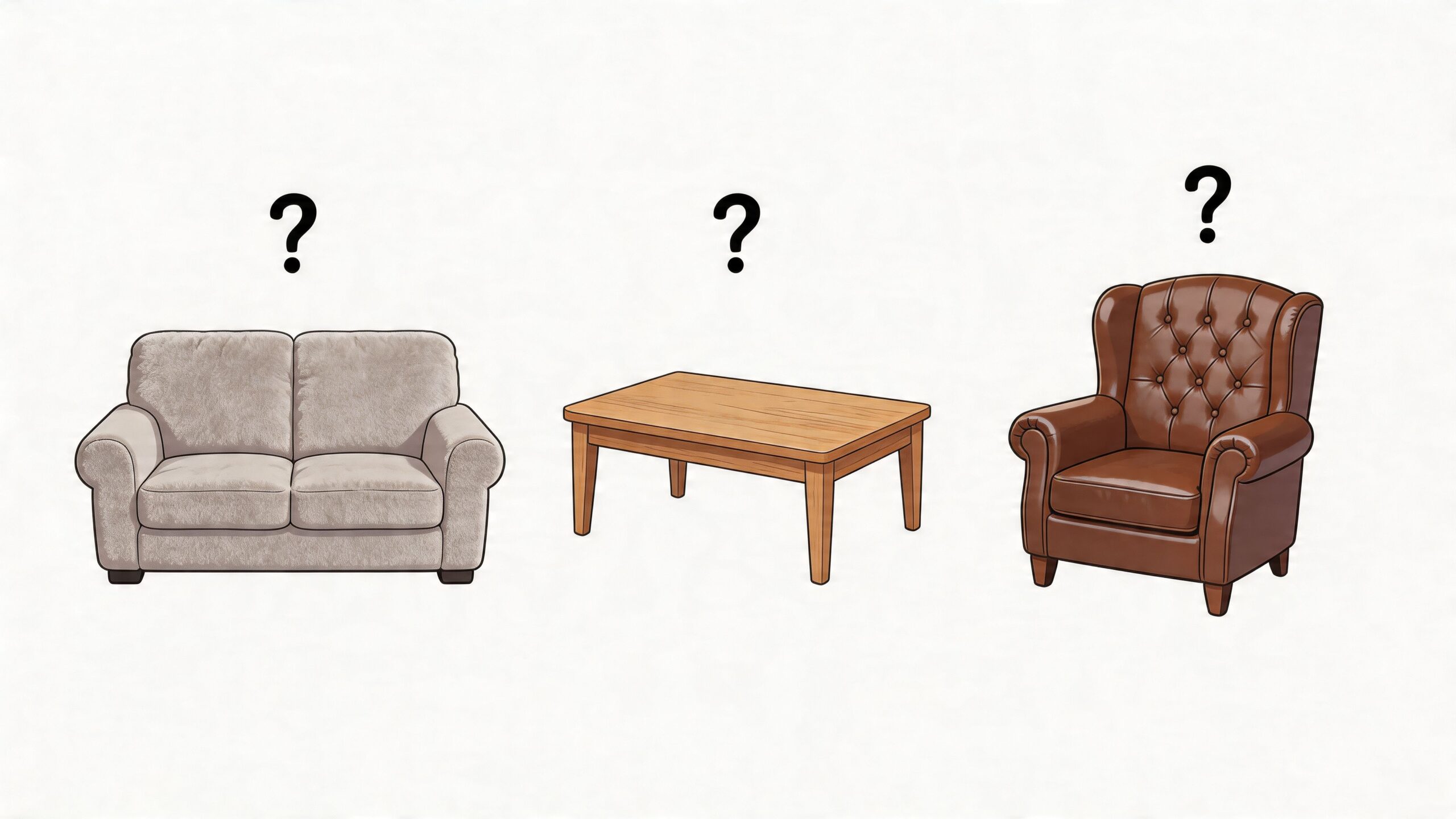 Three pieces of living room furniture a sofa a coffee table and an armchair with question marks.