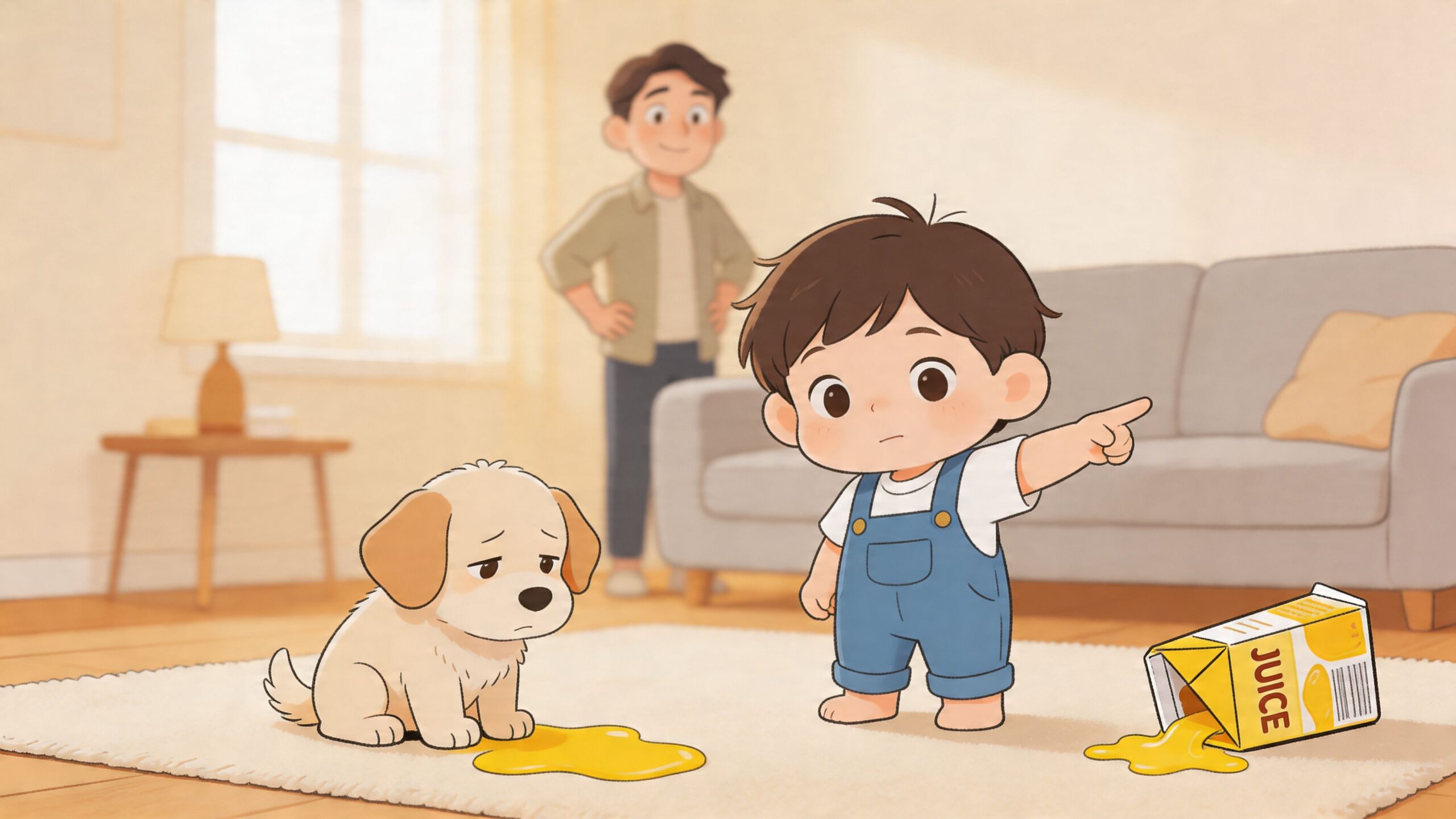 A young boy pointing at a spilled juice carton on a rug while a sad dog sits nearby.
