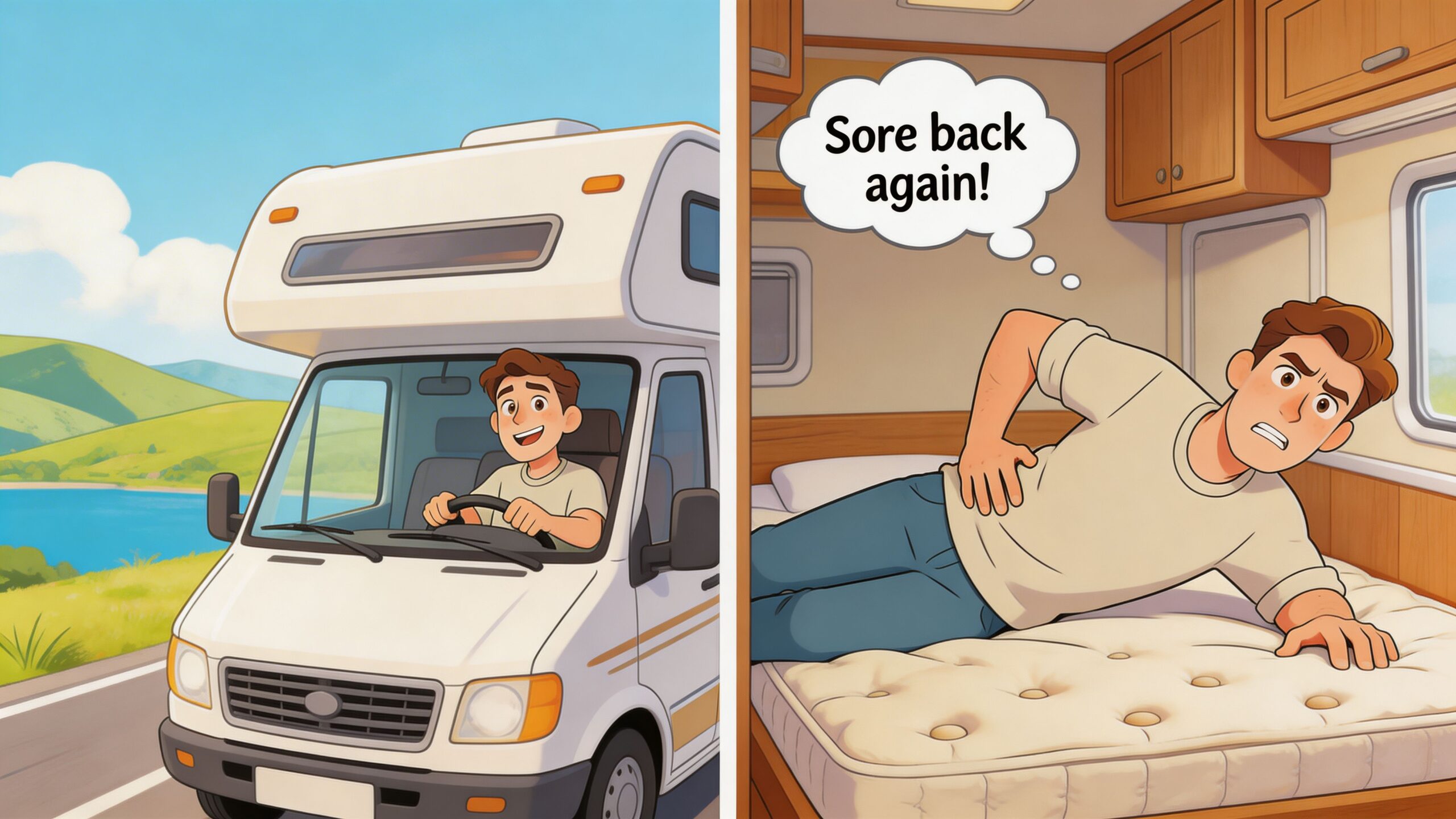 A man driving a recreational vehicle on the left and experiencing back pain on a mattress inside.