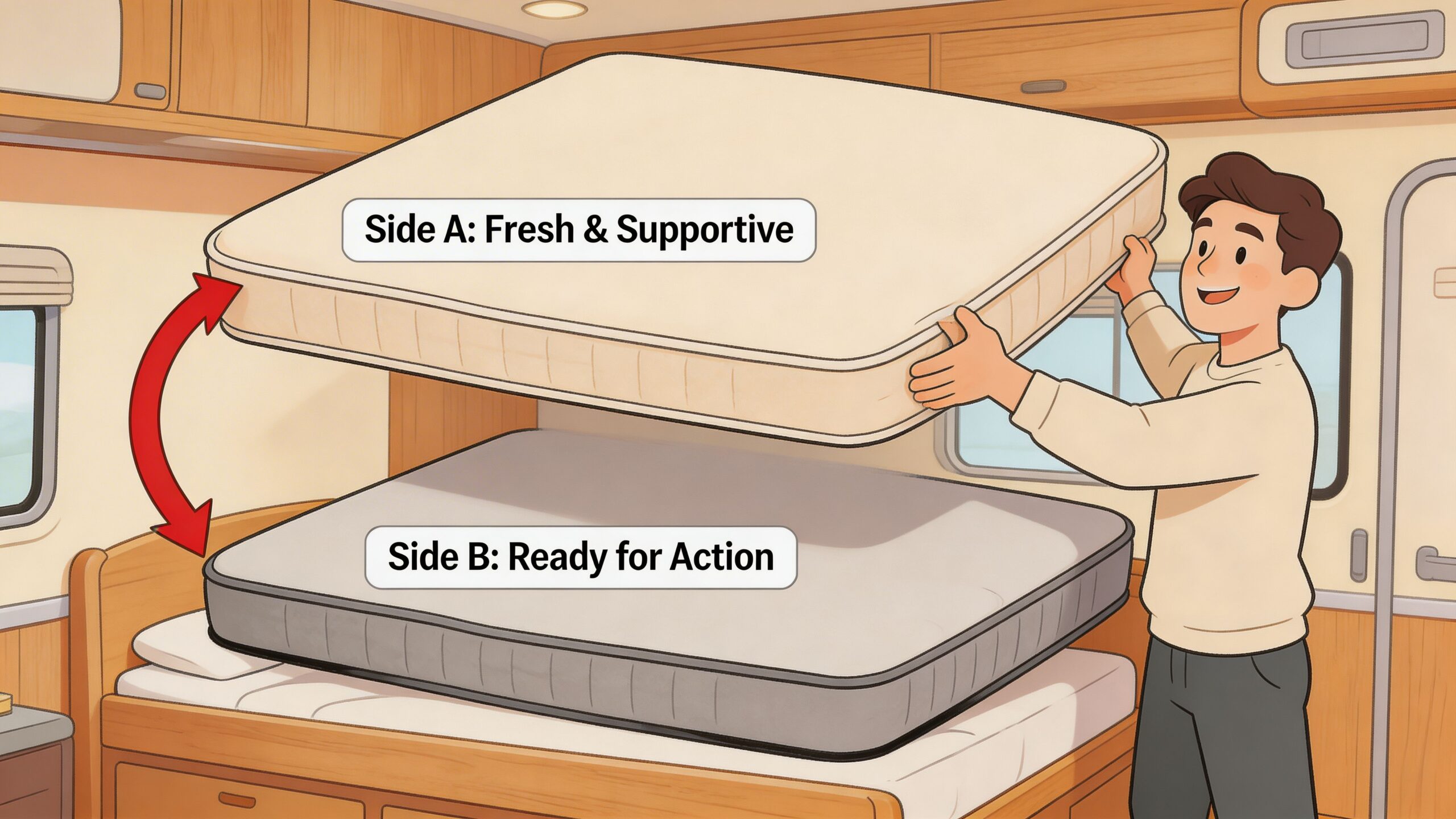 A smiling man lifts a reversible RV mattress to flip it from Side A to Side B.