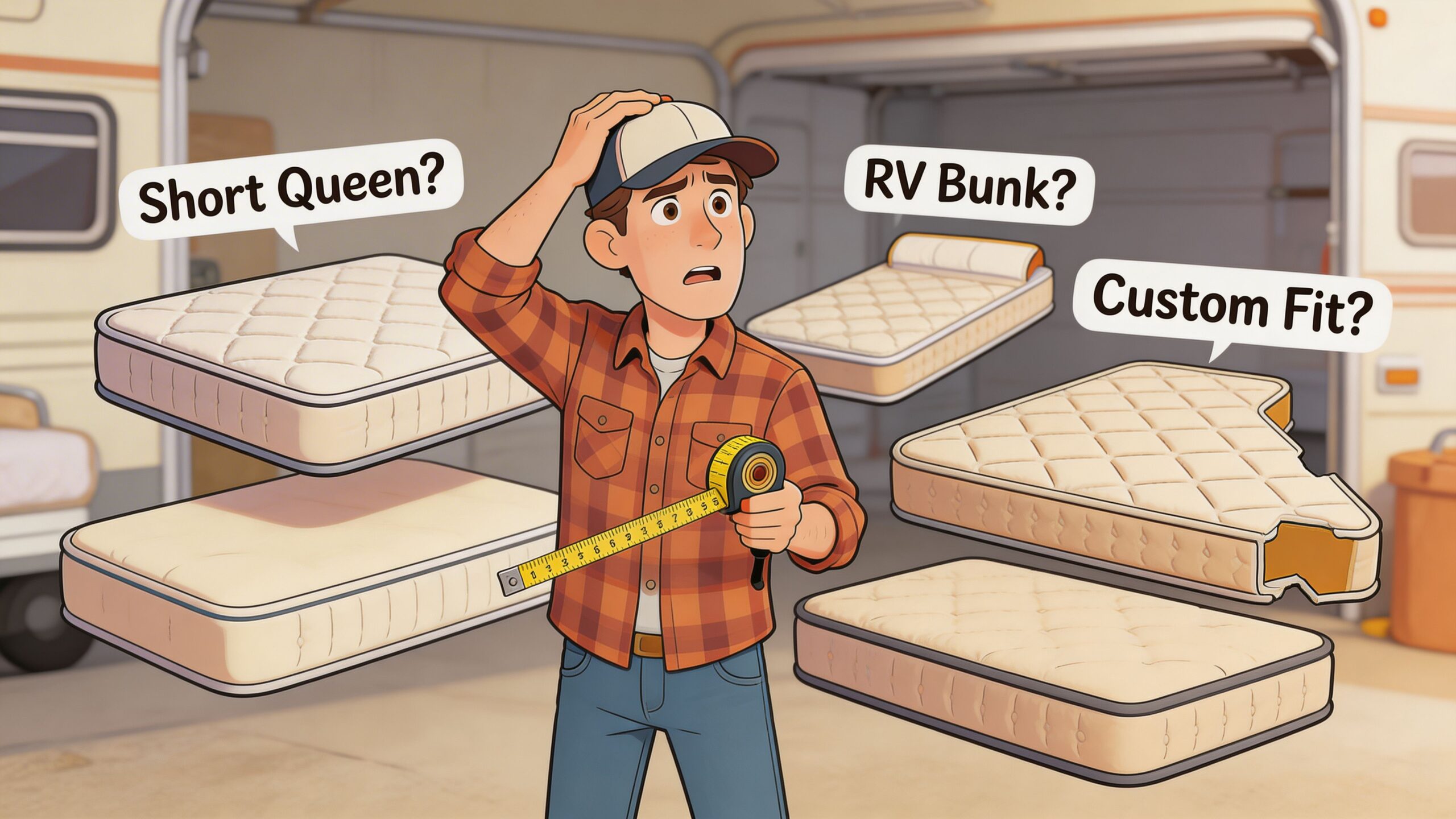A confused man holding a tape measure while considering various RV mattress sizes for his camper.