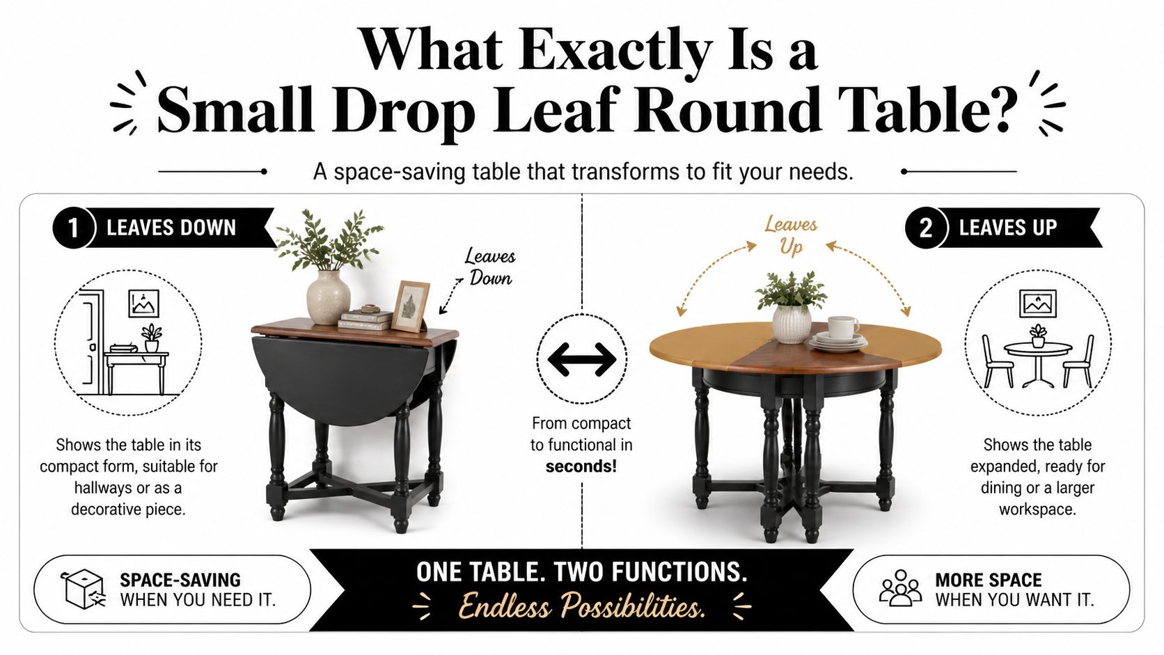 An infographic showing a small drop leaf round table in both its compact and expanded functional states.