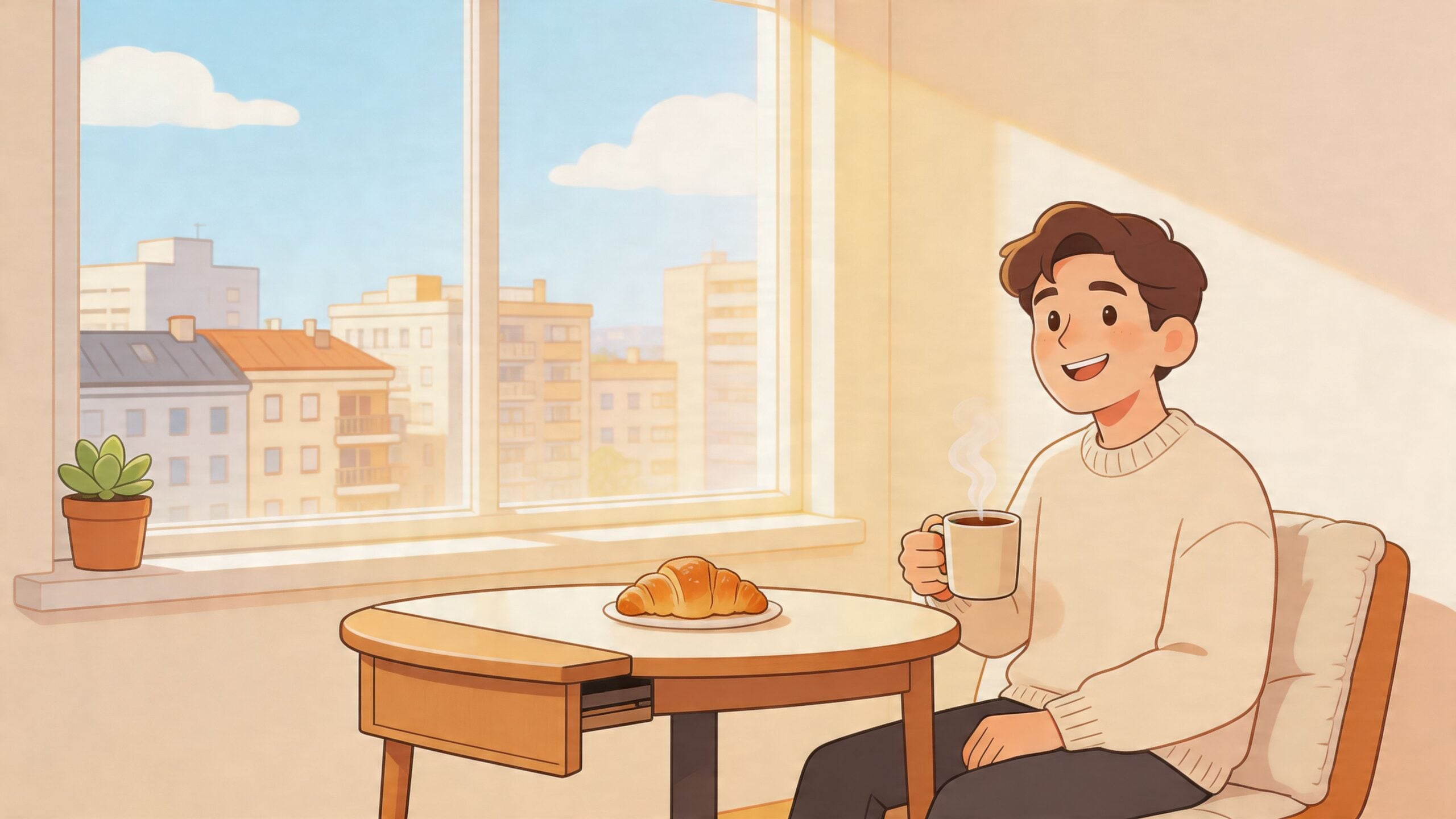 A young man sits comfortably by a window, drinking hot coffee next to a fresh croissant on a table.
