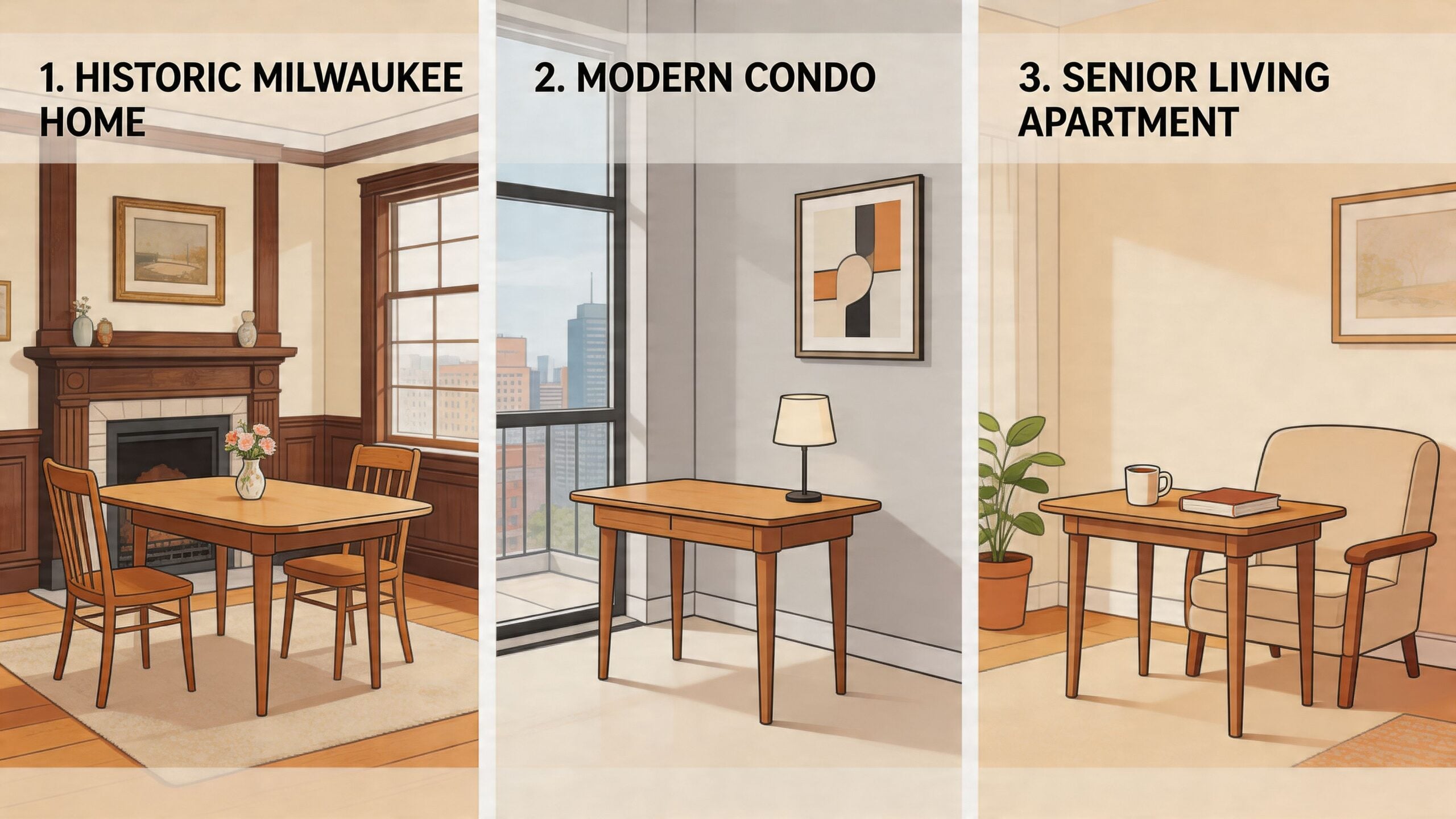 A three-panel illustration showing a small drop leaf round table in different interior design room styles.