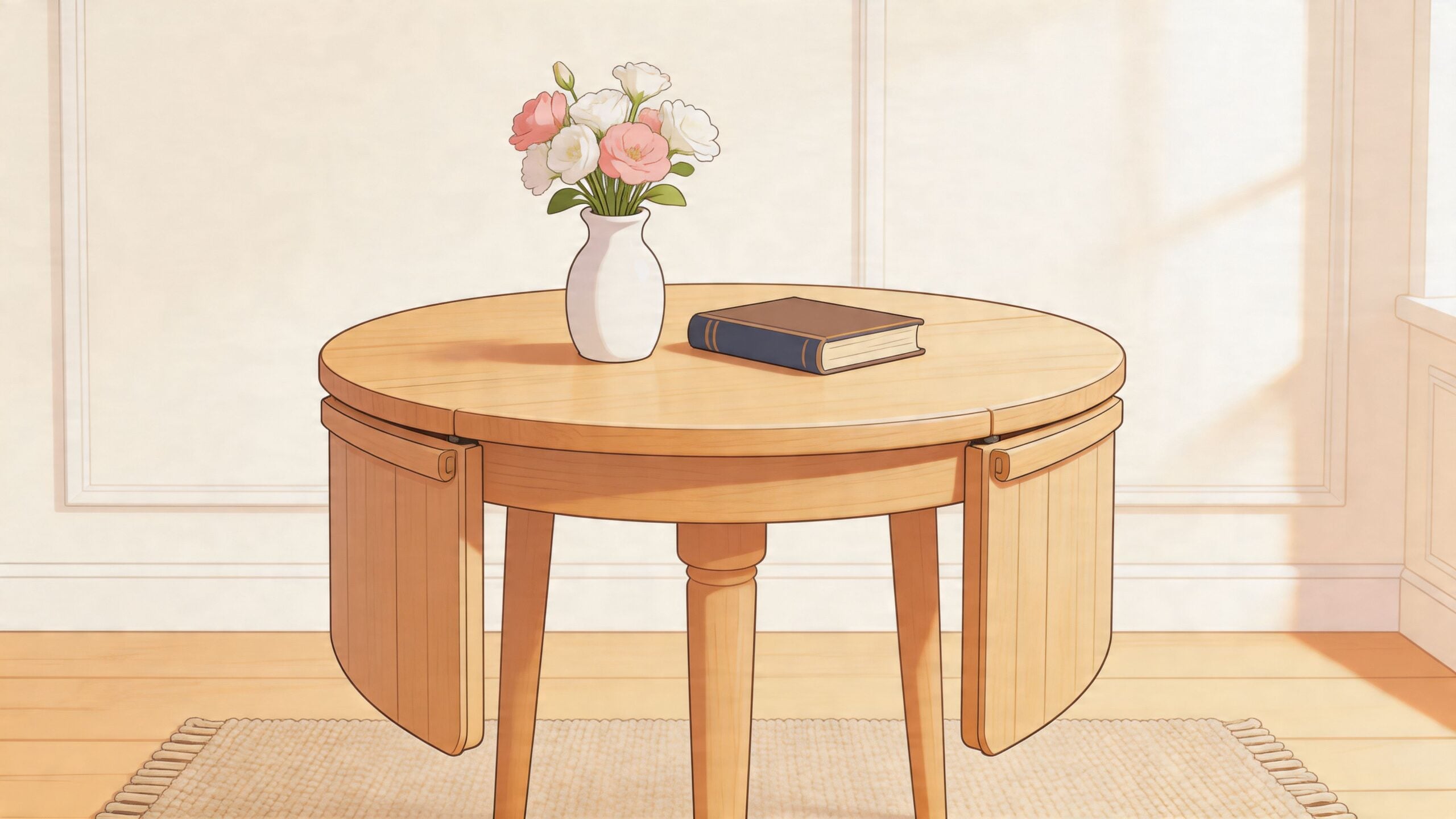 A wooden round drop leaf table featuring a vase of flowers and a book in a cozy room.