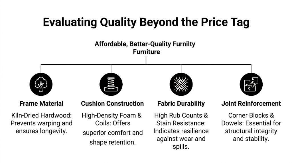 A chart illustrating key features of high-quality affordable furniture including frame material, cushion construction, fabric durability, and joints.