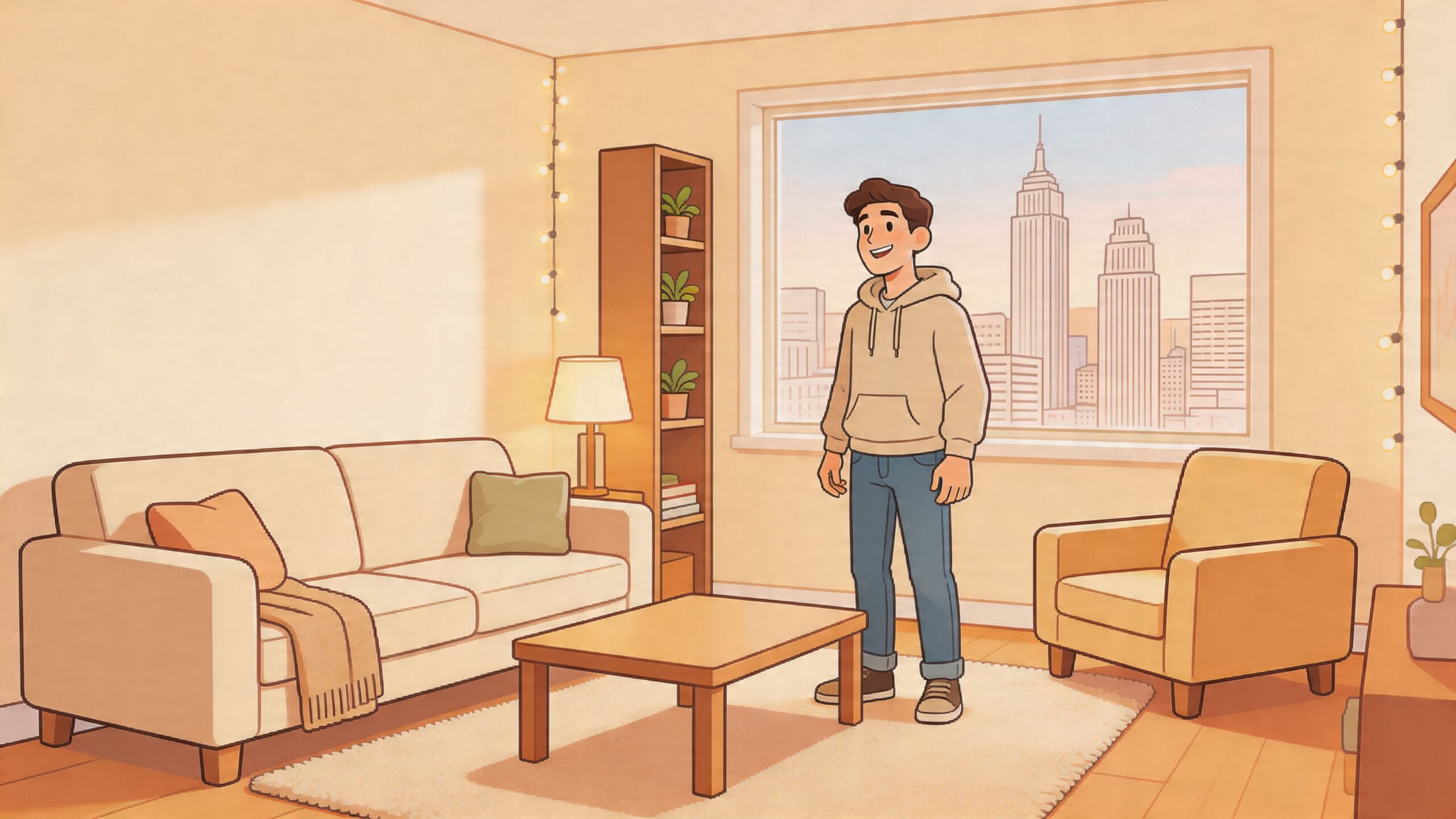A young man standing in a cozy, sunlit living room with a sofa, armchair, and city skyline view.