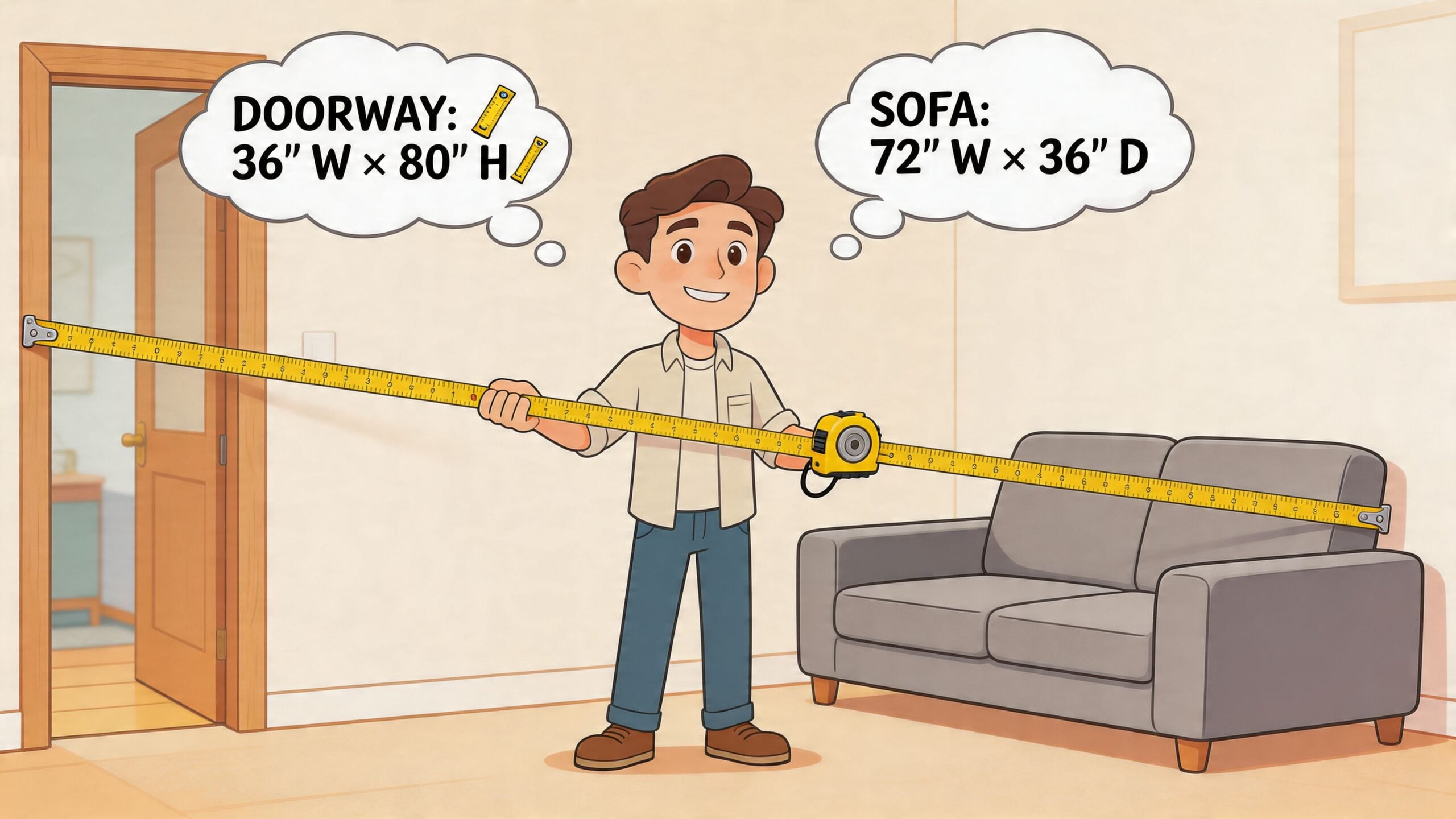 An illustration of a young man holding a tape measure between a doorway and a sofa.
