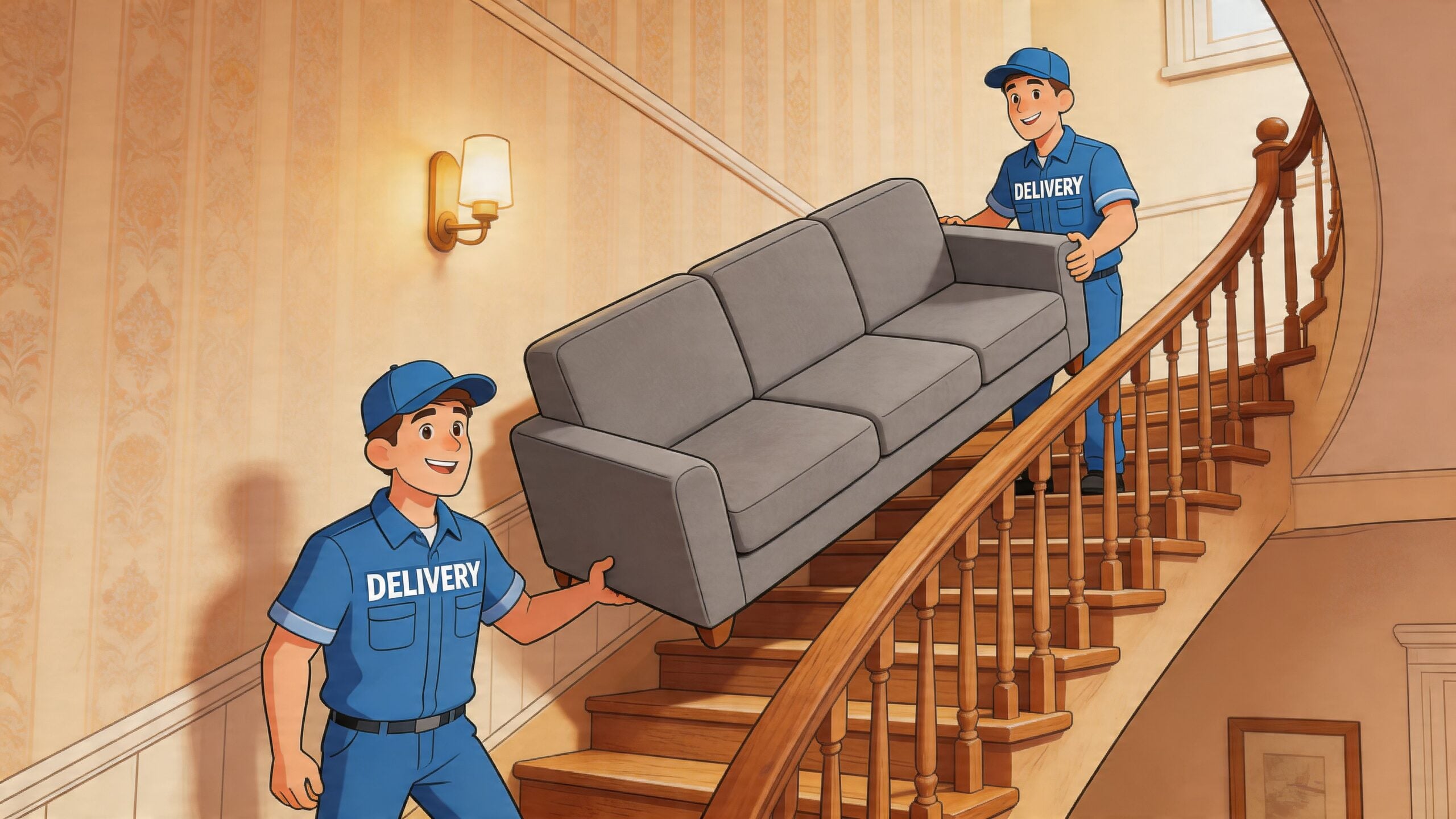 Two friendly delivery workers in blue uniforms carrying a grey sofa up a wooden staircase inside a house.