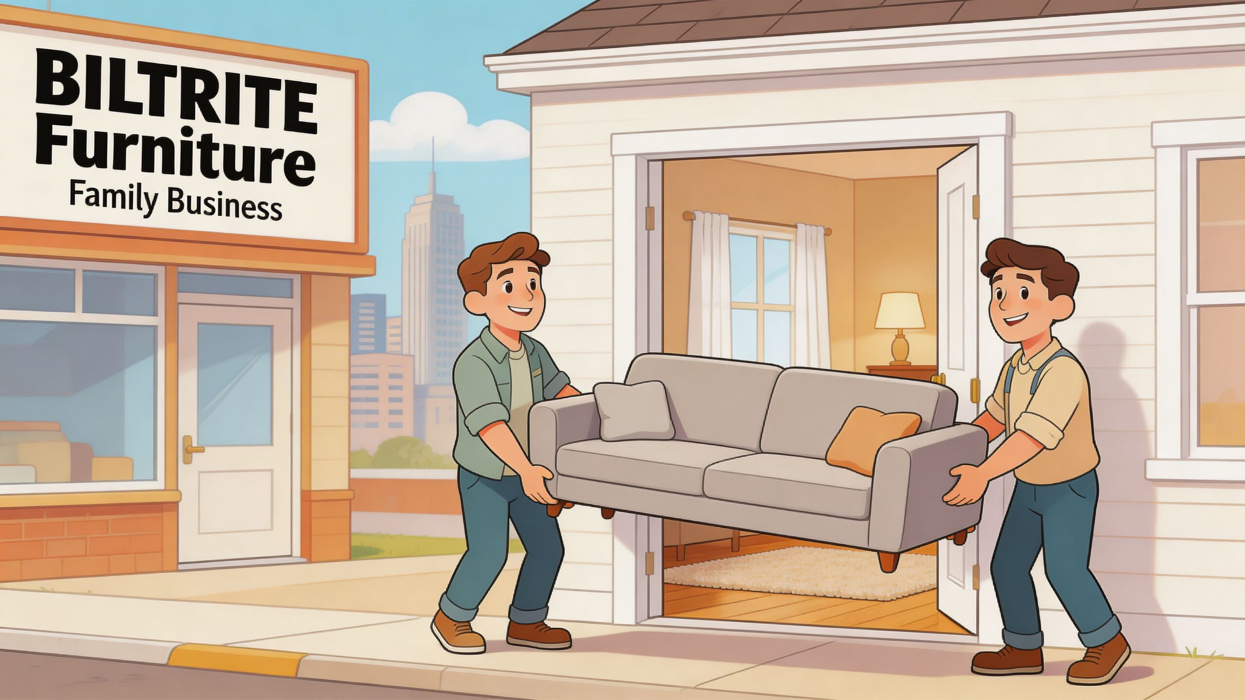 Two men carrying a grey sofa into a house while standing in front of a furniture store.