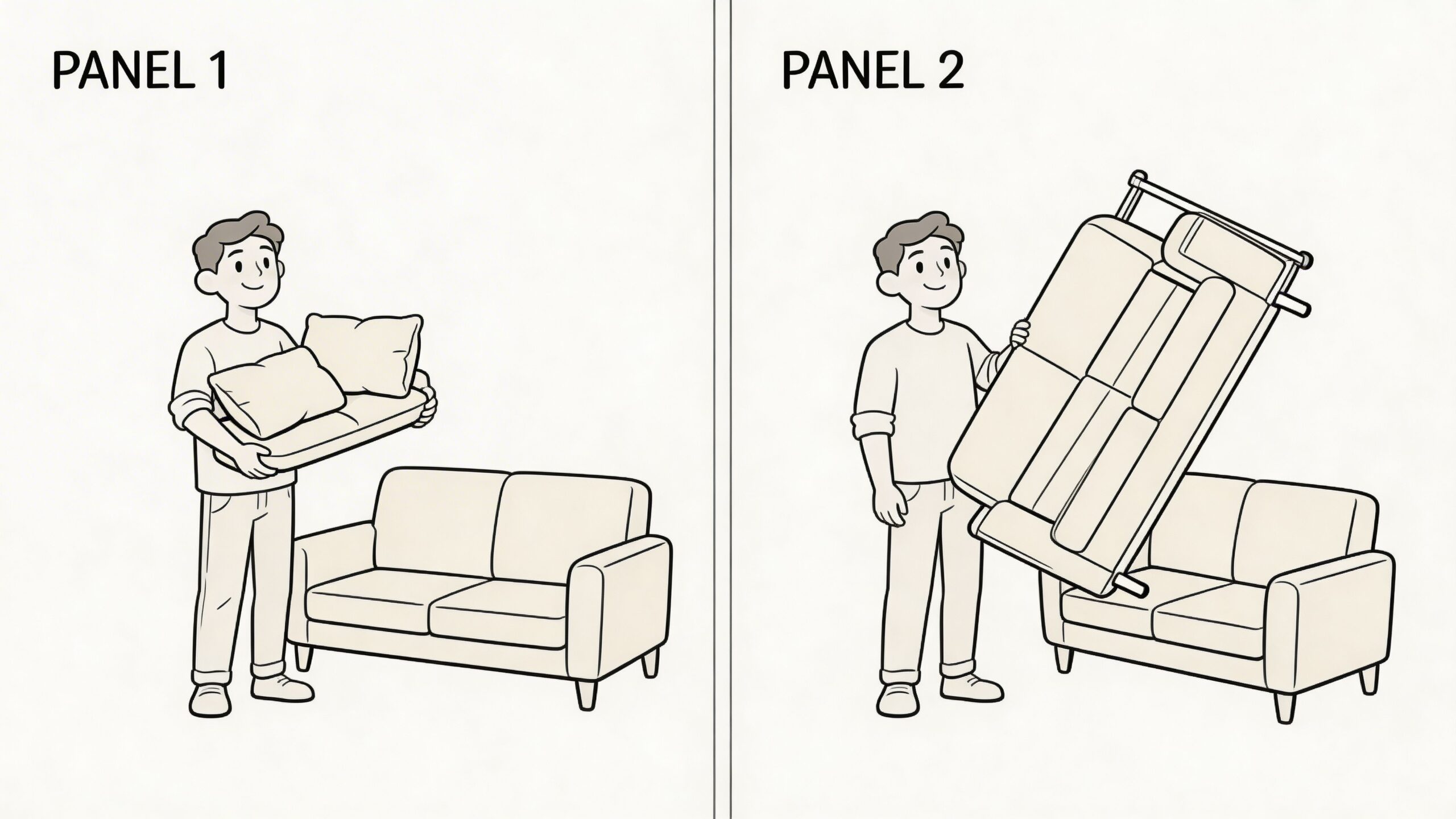 A split illustration showing a man comparing the size of couch cushions versus a full sofa.