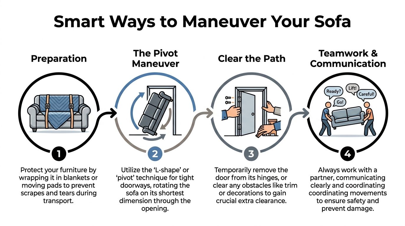 An infographic illustrating four smart tips for maneuvering a sofa through tight doorways during a move.