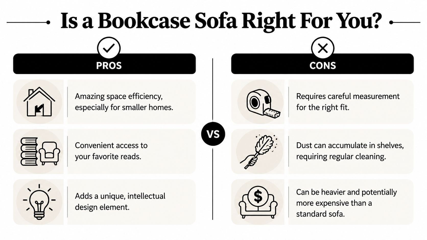 A comparison infographic listing the pros and cons of owning a bookcase sofa for home furniture.