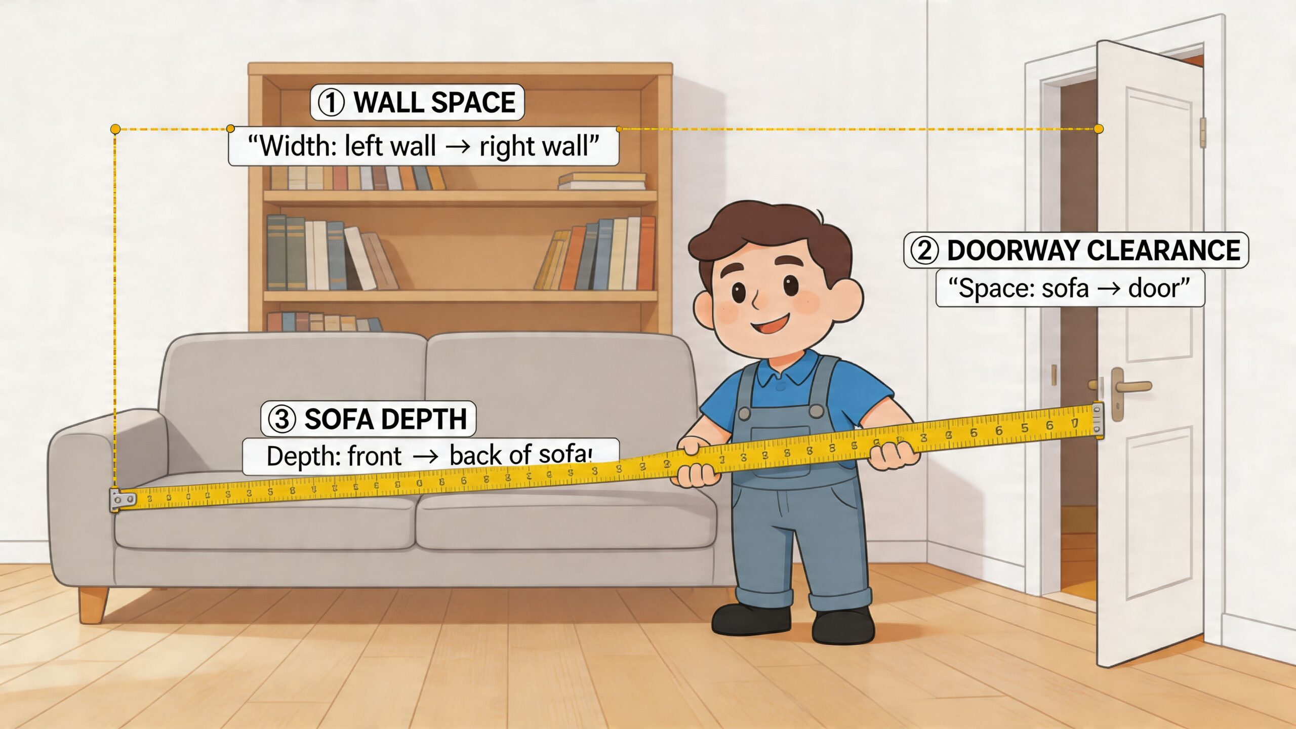 A boy using a measuring tape in front of a grey sofa and a wooden bookcase.