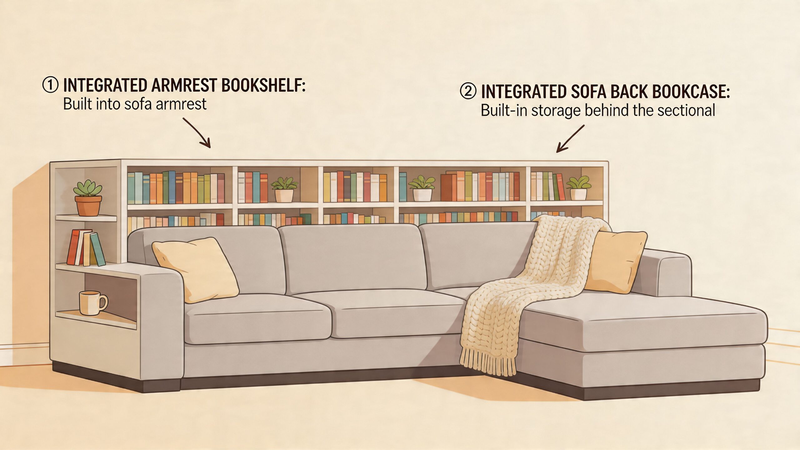 A sectional sofa with an integrated bookshelf built into the armrest and the back for storage.