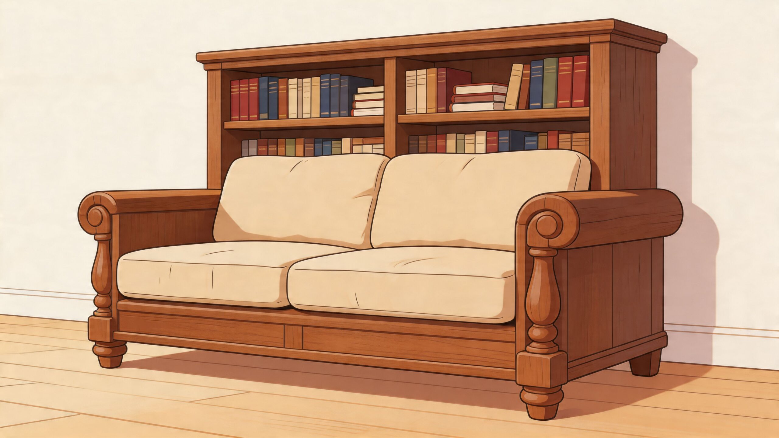 A wooden sofa with an integrated bookcase filled with colorful books against a light wall background.