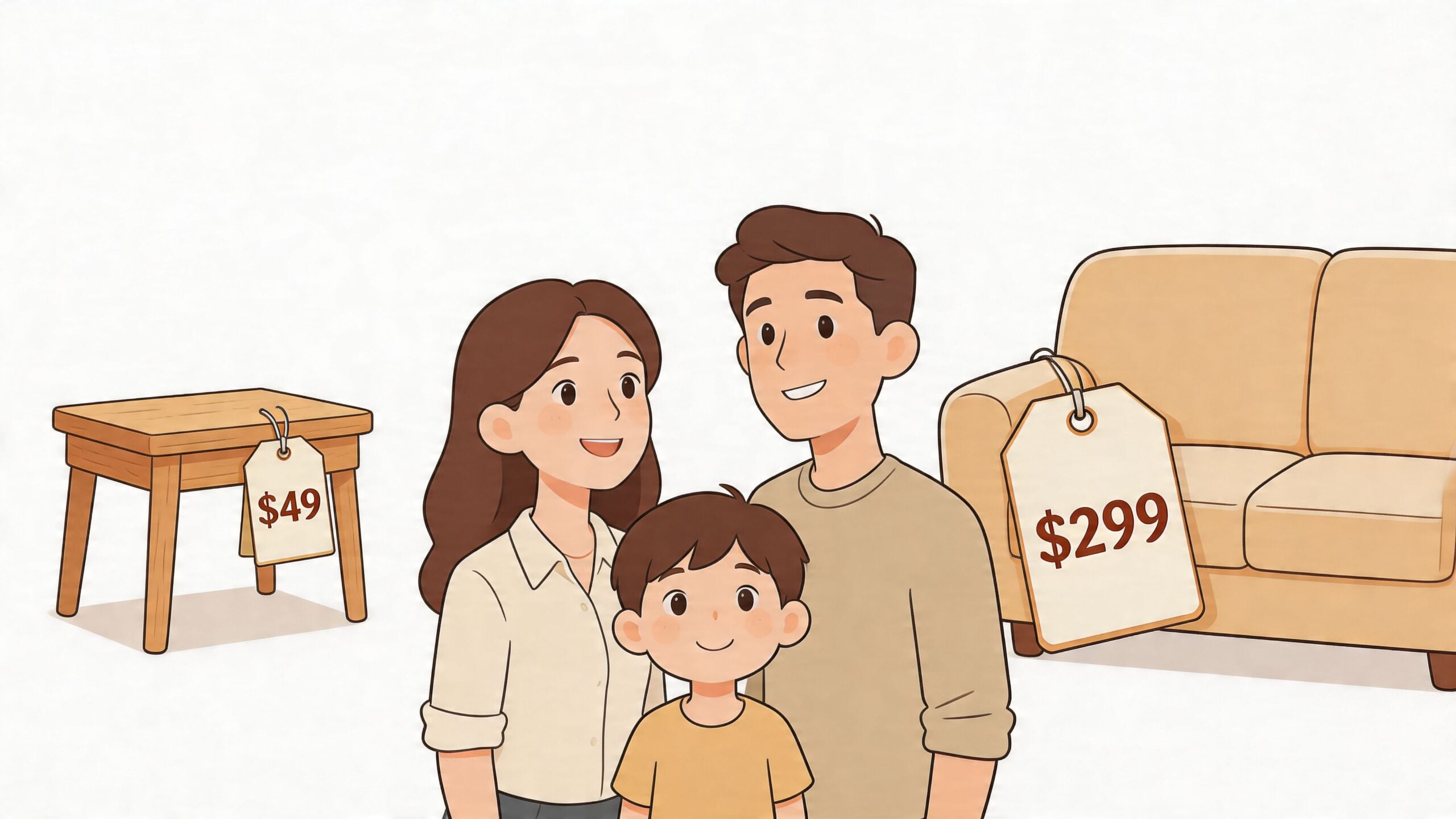 A happy family standing between a wooden side table and a beige sofa with price tags attached.