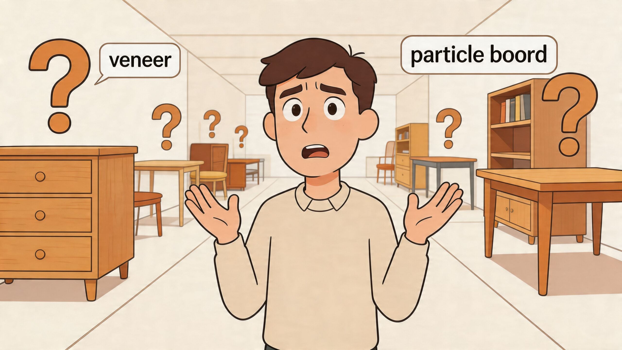 A confused person standing in a room full of furniture, contemplating wood veneer versus particle board materials.