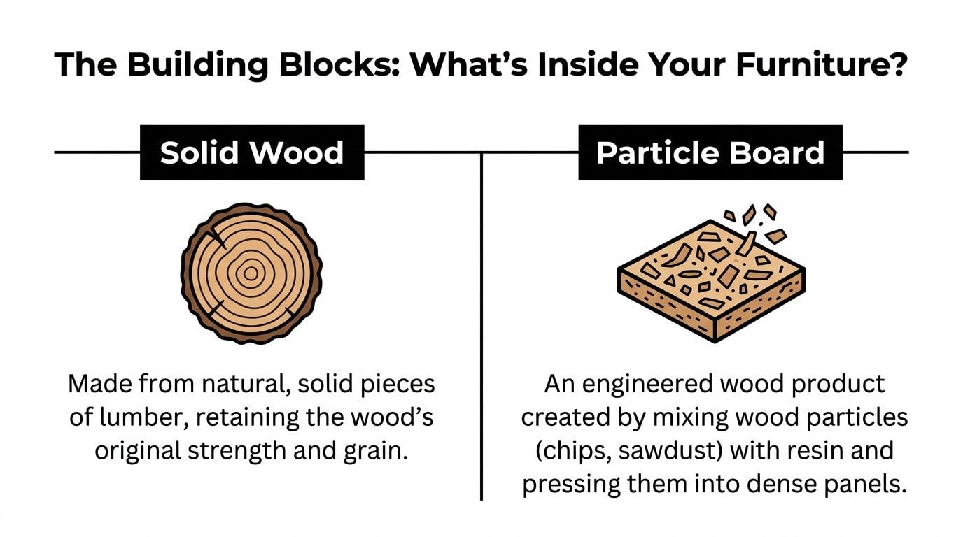 A comparison graphic showing a cross section of solid wood and a piece of engineered particle board.