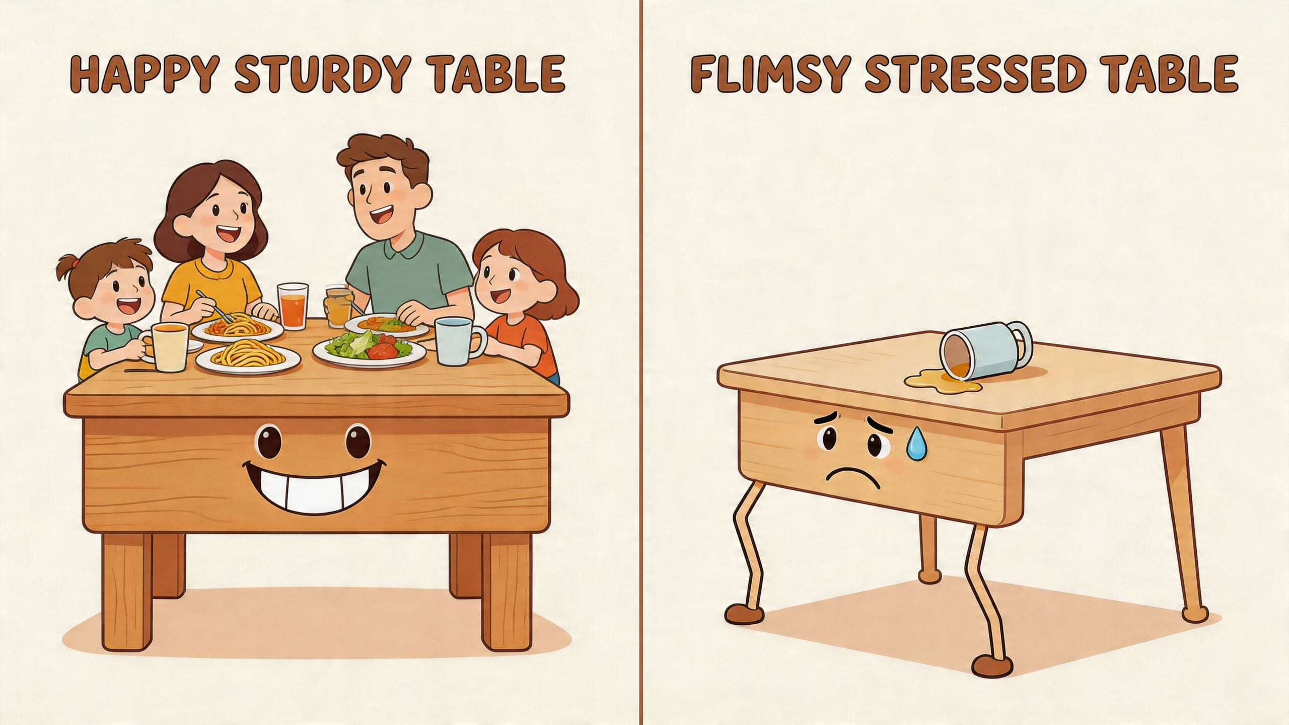 A comparison showing a happy, sturdy wooden table with a family versus a flimsy, stressed desk.