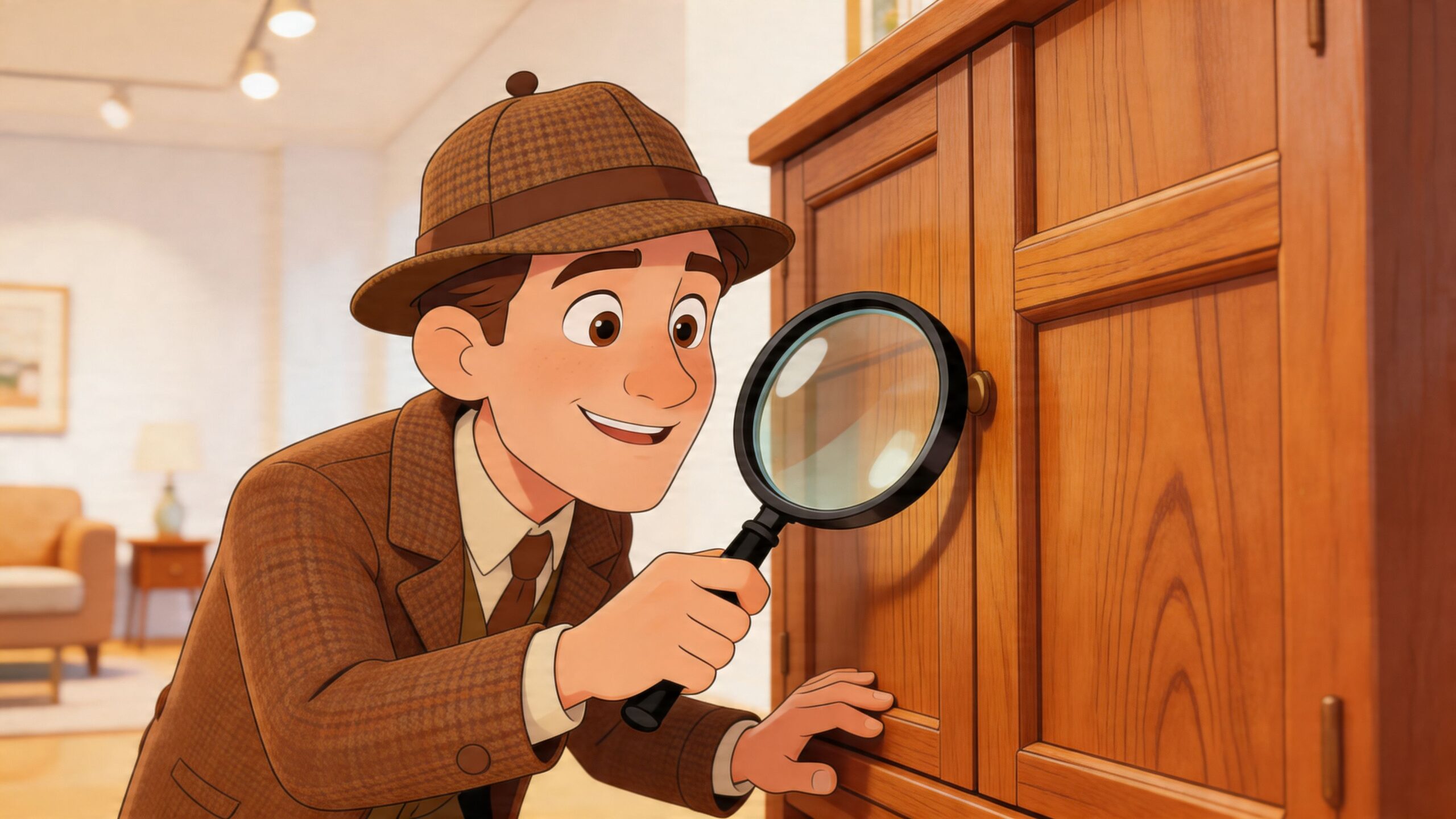 A cartoon detective in a tweed suit examining a wooden cabinet with a large magnifying glass.
