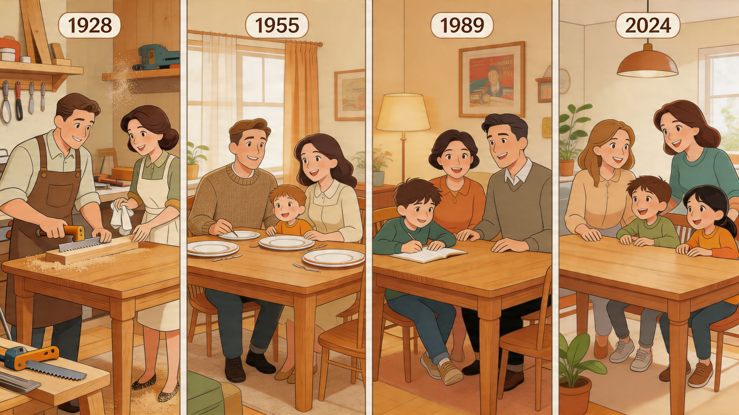 A nostalgic illustration depicting a family's evolution through history gathered around a classic solid wood table.