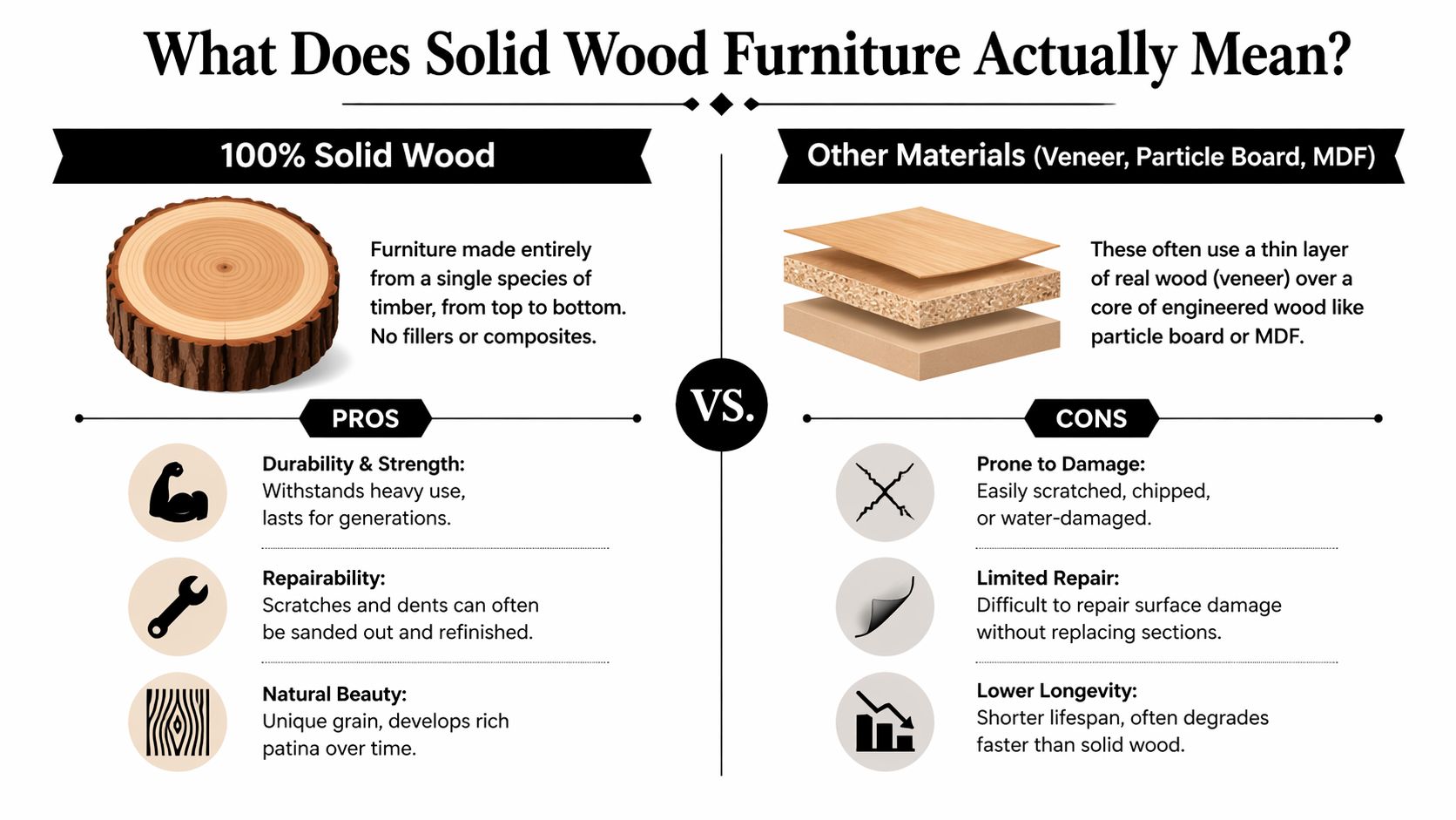 An infographic comparing 100% solid wood furniture against other materials like veneer, particle board, and MDF.