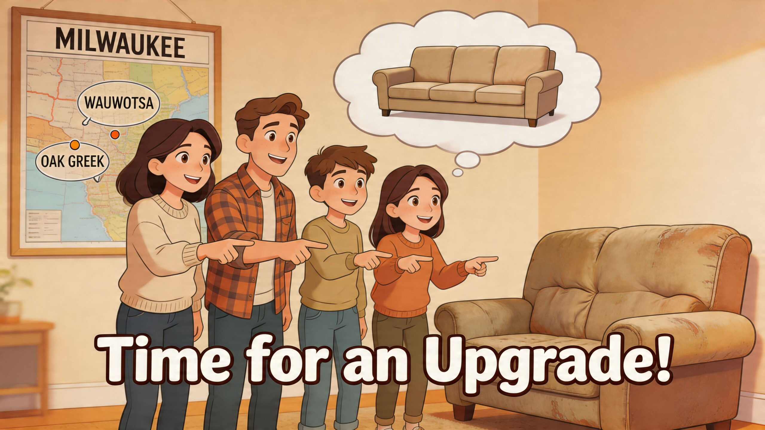 A happy family points at an old sofa while imagining a new furniture piece in their living room.