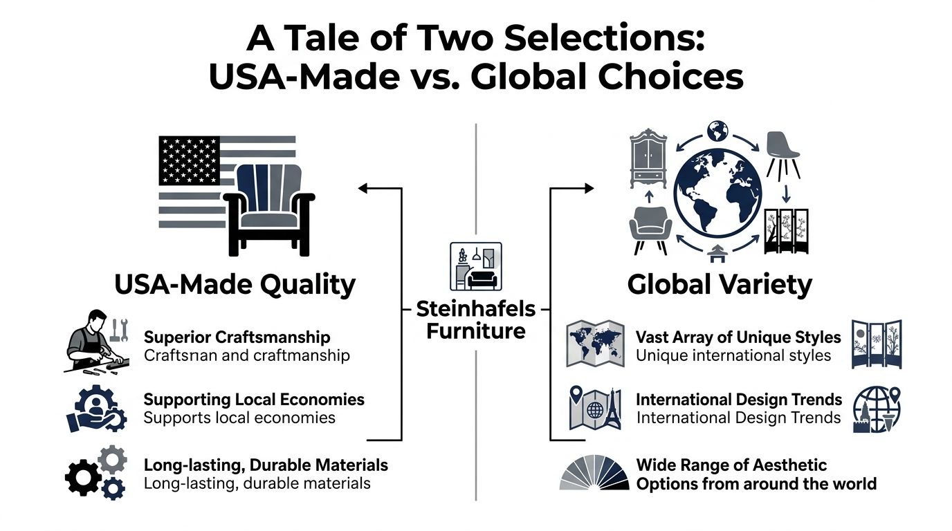 A comparison infographic between USA-made furniture and global furniture selection from Steinhafels Furniture store.