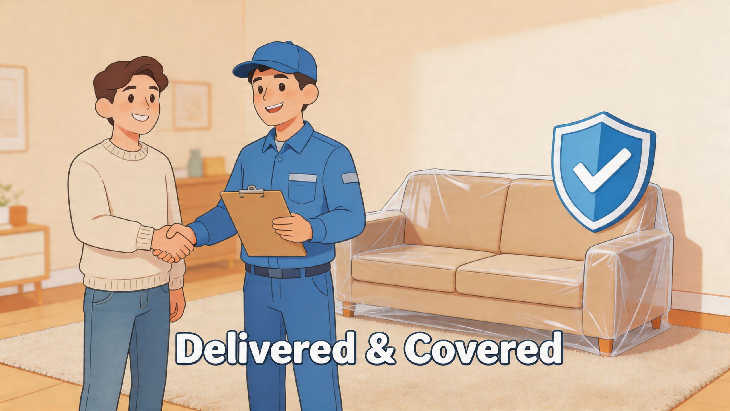 A moving professional shakes hands with a customer next to a sofa wrapped in protective plastic.