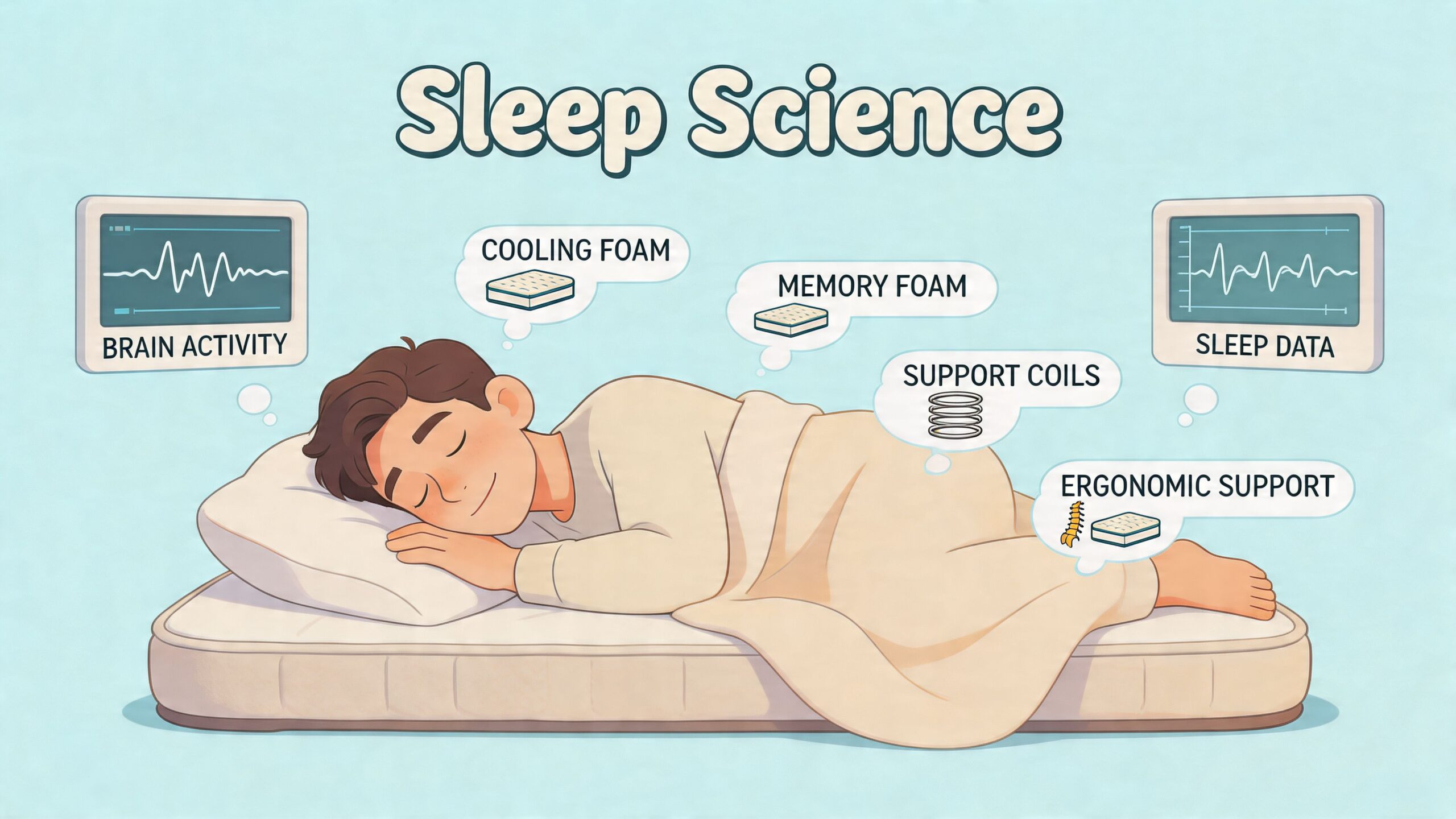 A cartoon illustration showing a person sleeping on a mattress while thinking about mattress features and sleep data.