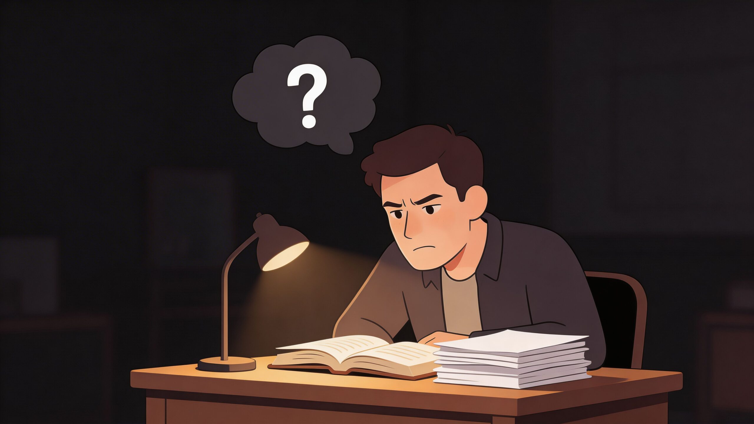 A frustrated student studying with a swing arm table lamp in a dimly lit room at night.