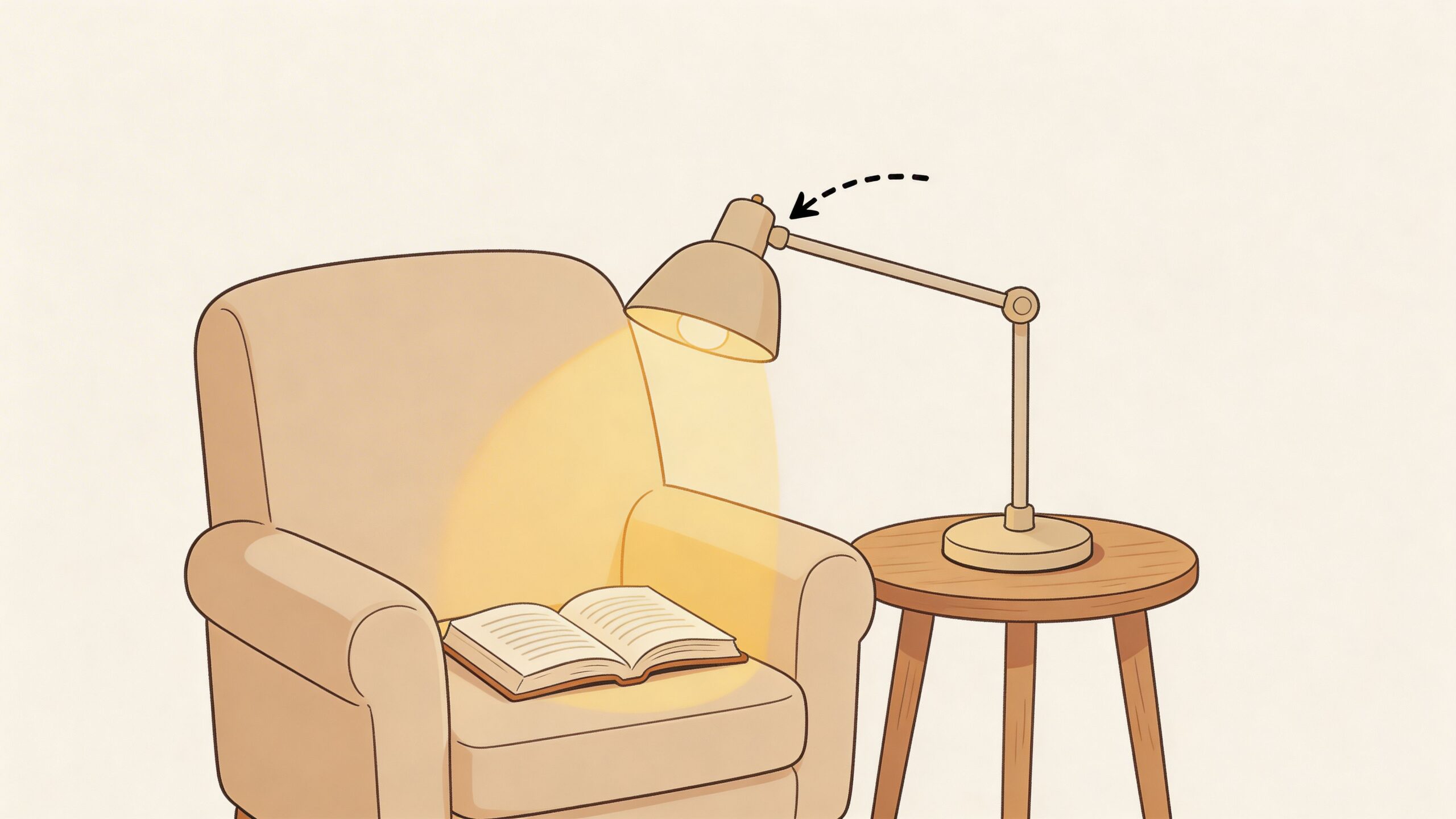 A cozy reading nook featuring an open book on a comfortable armchair illuminated by a swing arm lamp.