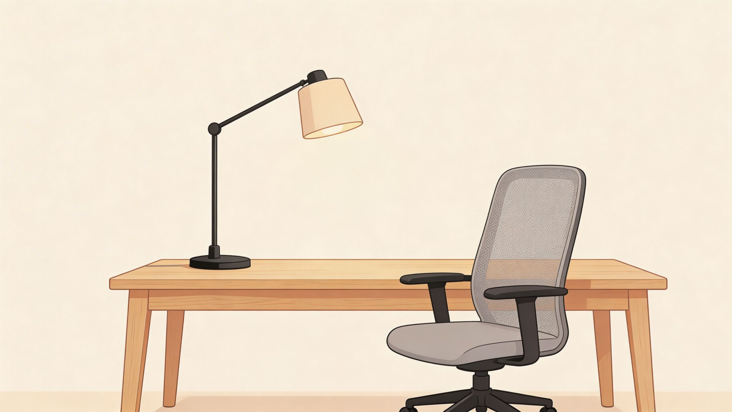 A modern desk with a wooden top and a swing arm table lamp next to a mesh office chair.